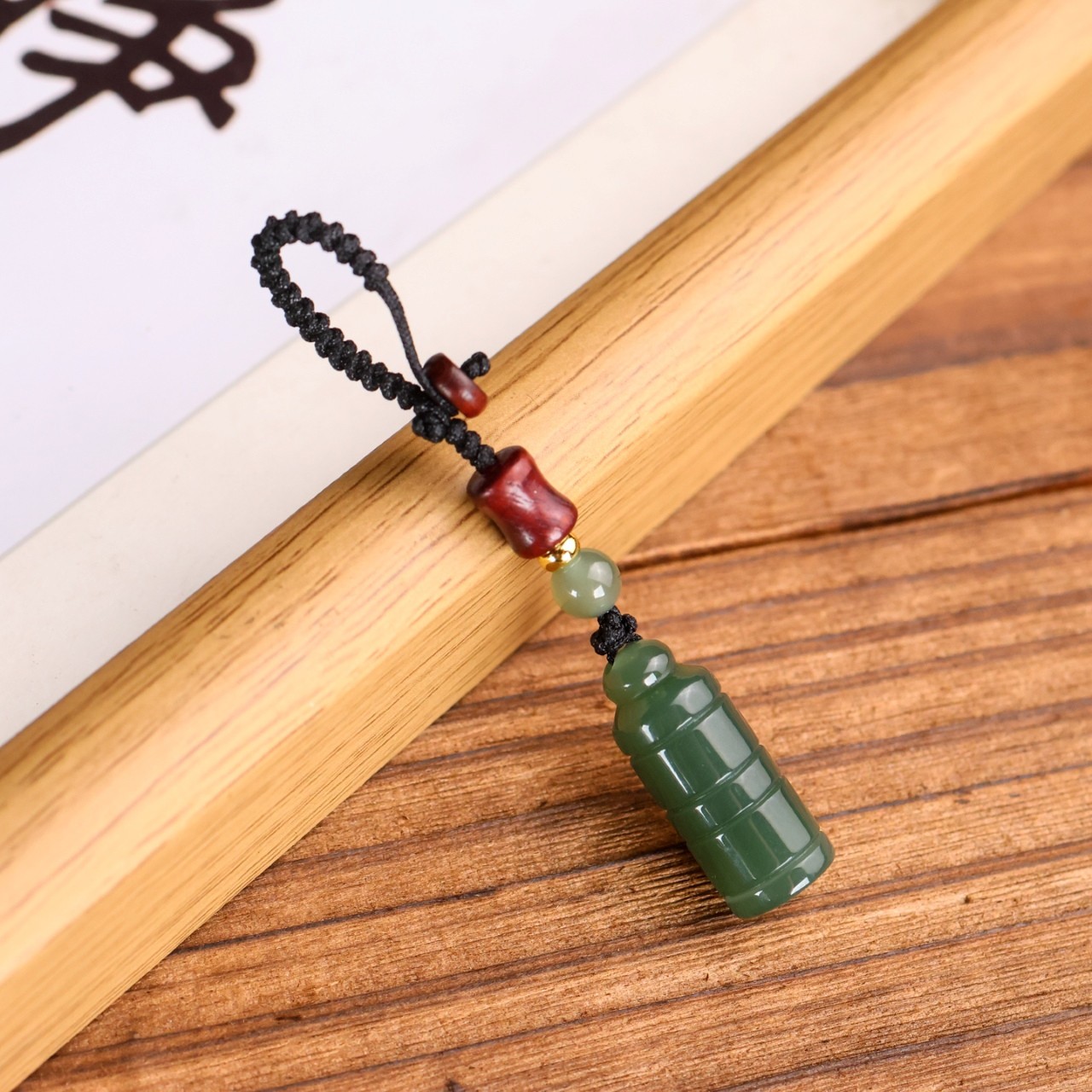 Certifed Natural Hetian jade Green White Carving Bamboo seal Car key pendant