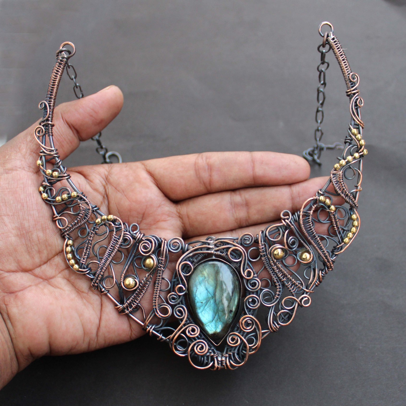 Natural Labradorite Necklace Jewelry Copper Wire Wrapped Chain Necklace 18.0″