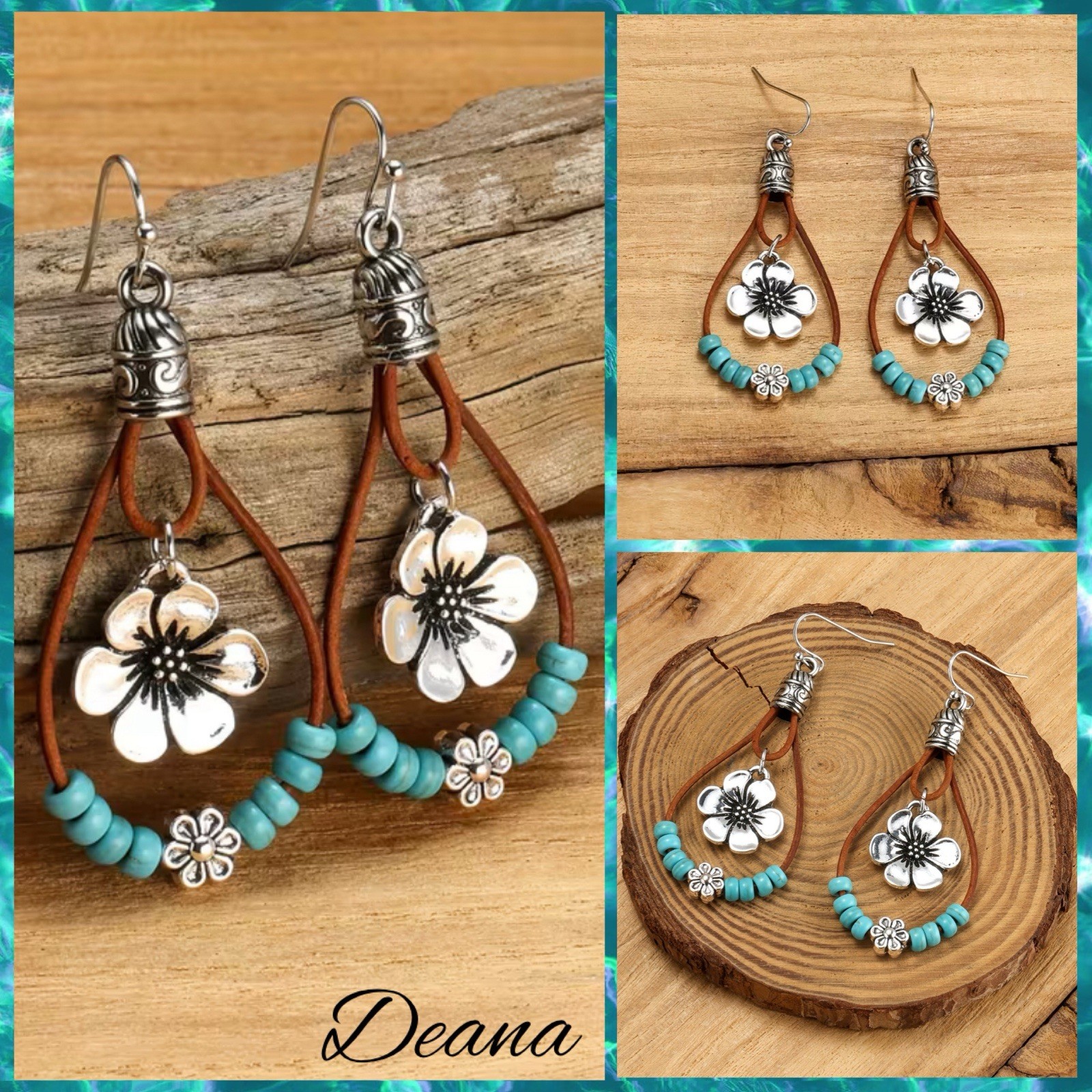 Boho Style Plum Blossom Pendant Earrings Double Layered With Turquoise Beads