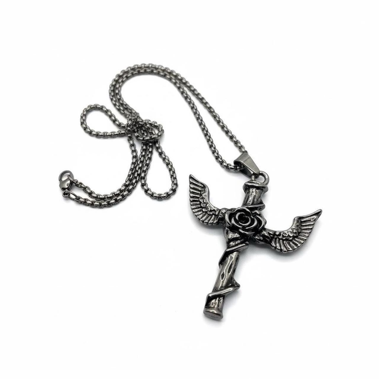 60 Cm Plated Silver Alloy Rose Wing Cross Pendant Necklace Gothic Streetwear Fit