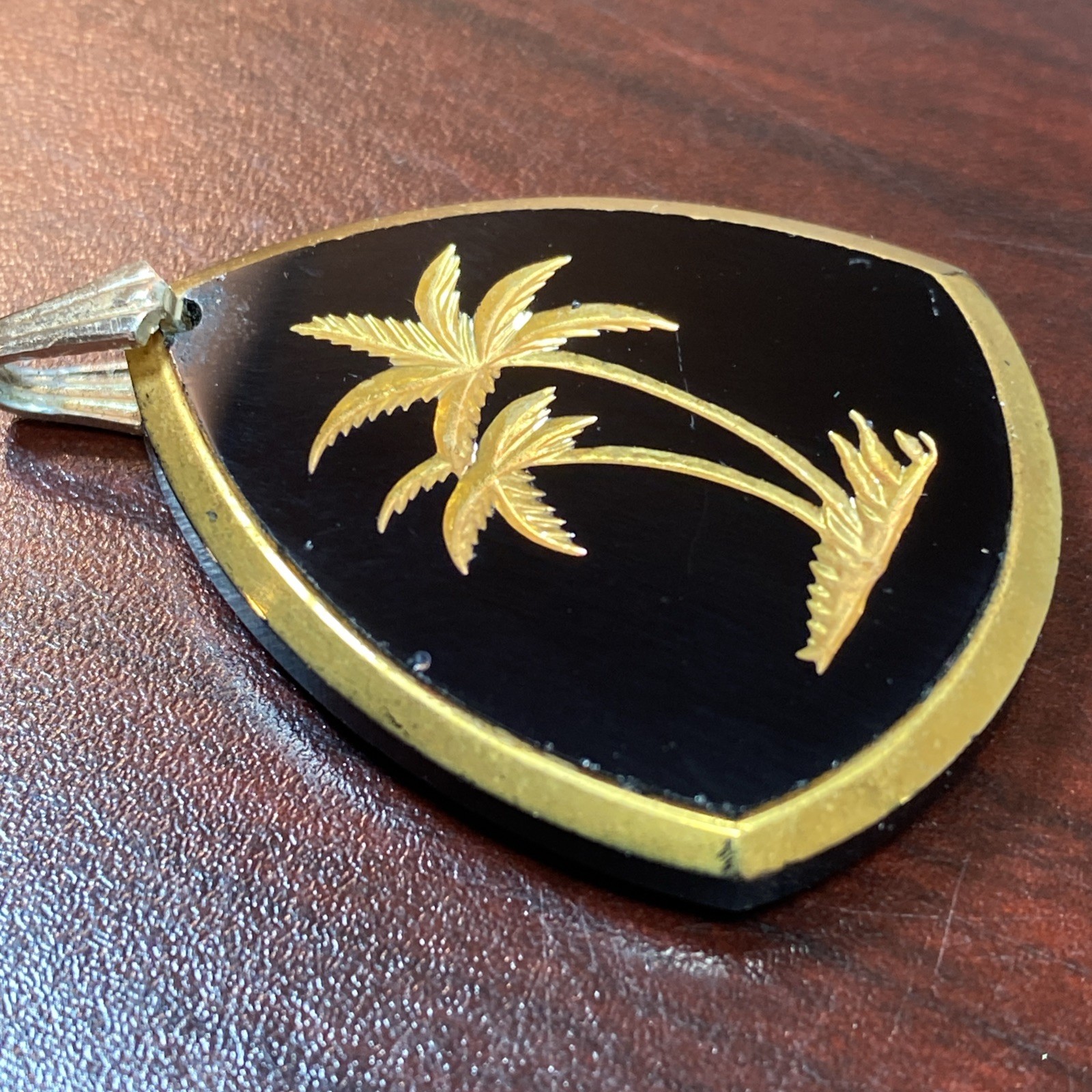 Vintage Golden Palm Trees Etched on Jet Black Glass Pendant Charm Germany 1.25”