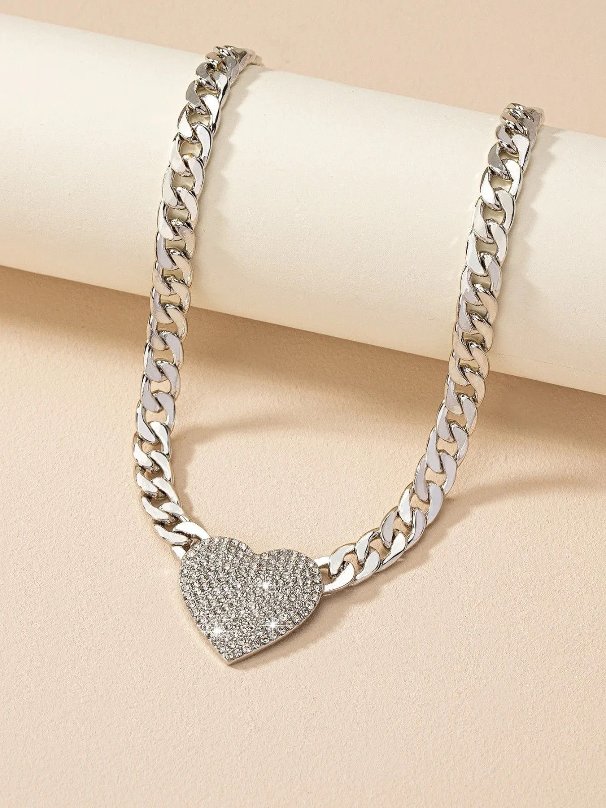 Elegant Rhinestone Heart Chunky Necklace for Women Fashion Statement Chain Jewel