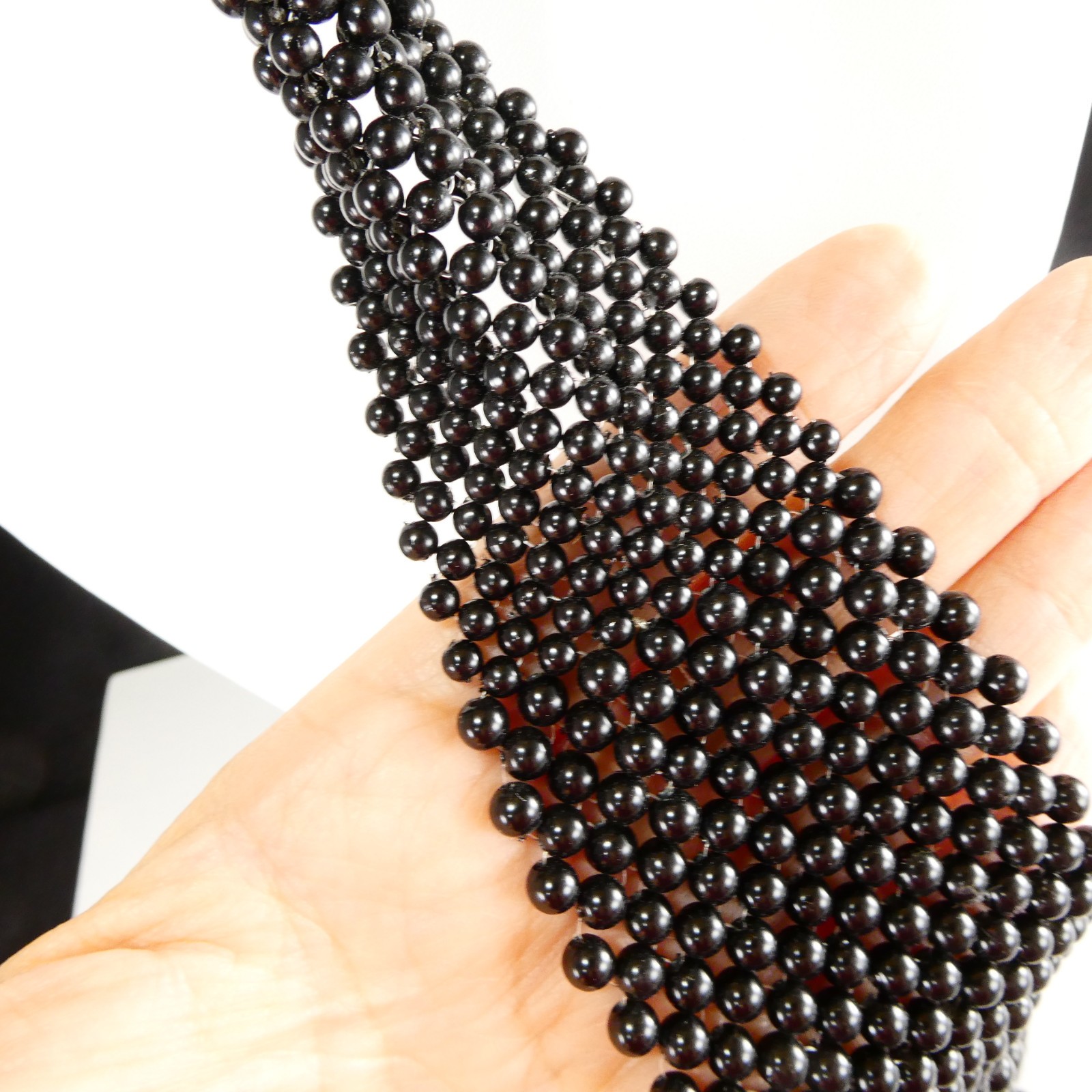 Black Beaded Tie Shaped Fashion Necklace Hook Clasp Collar Choker Long TIE 12″