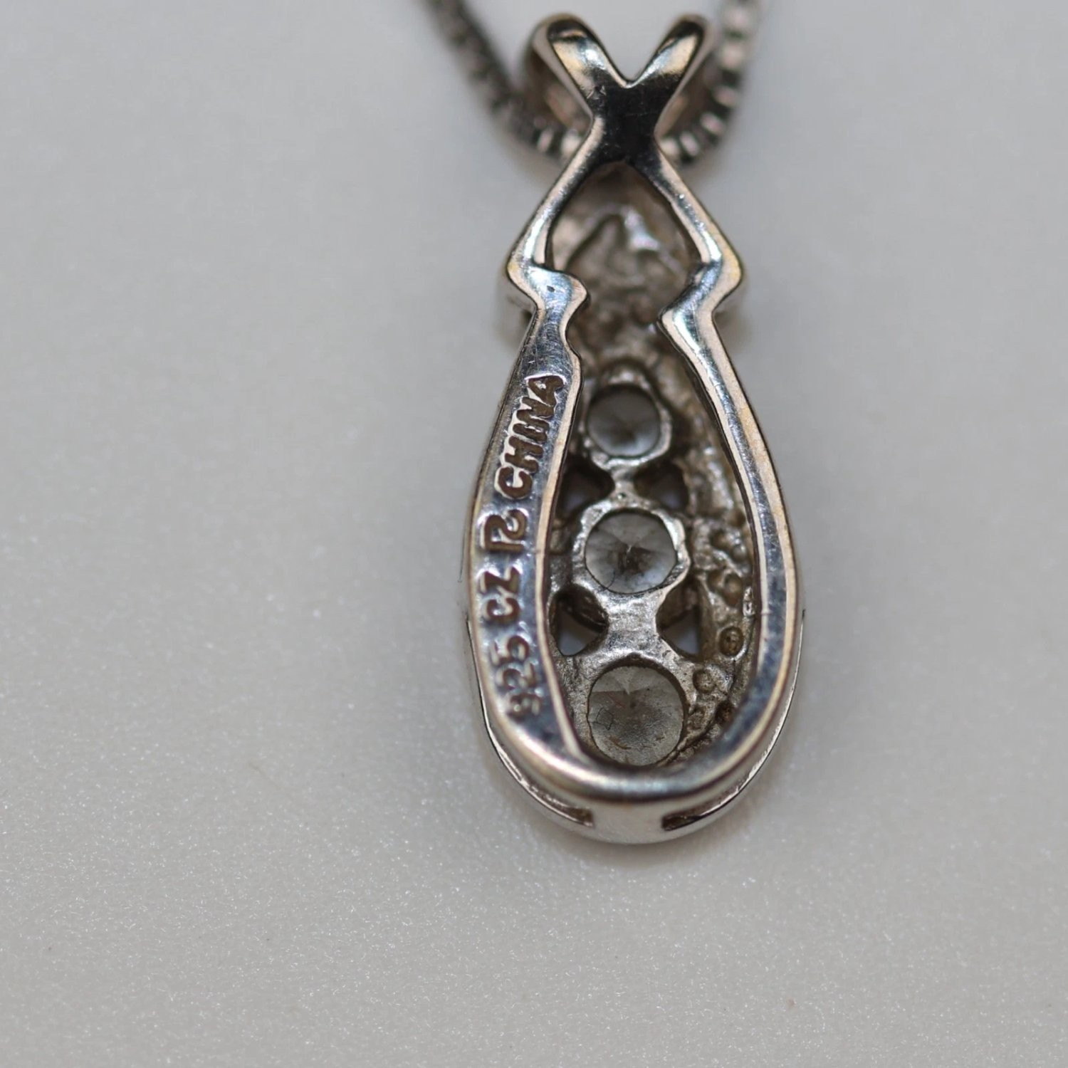 925 Sterling Silver Teardrop Pendant Necklace 3 Stone CZ 18 Inch Box Chain Italy