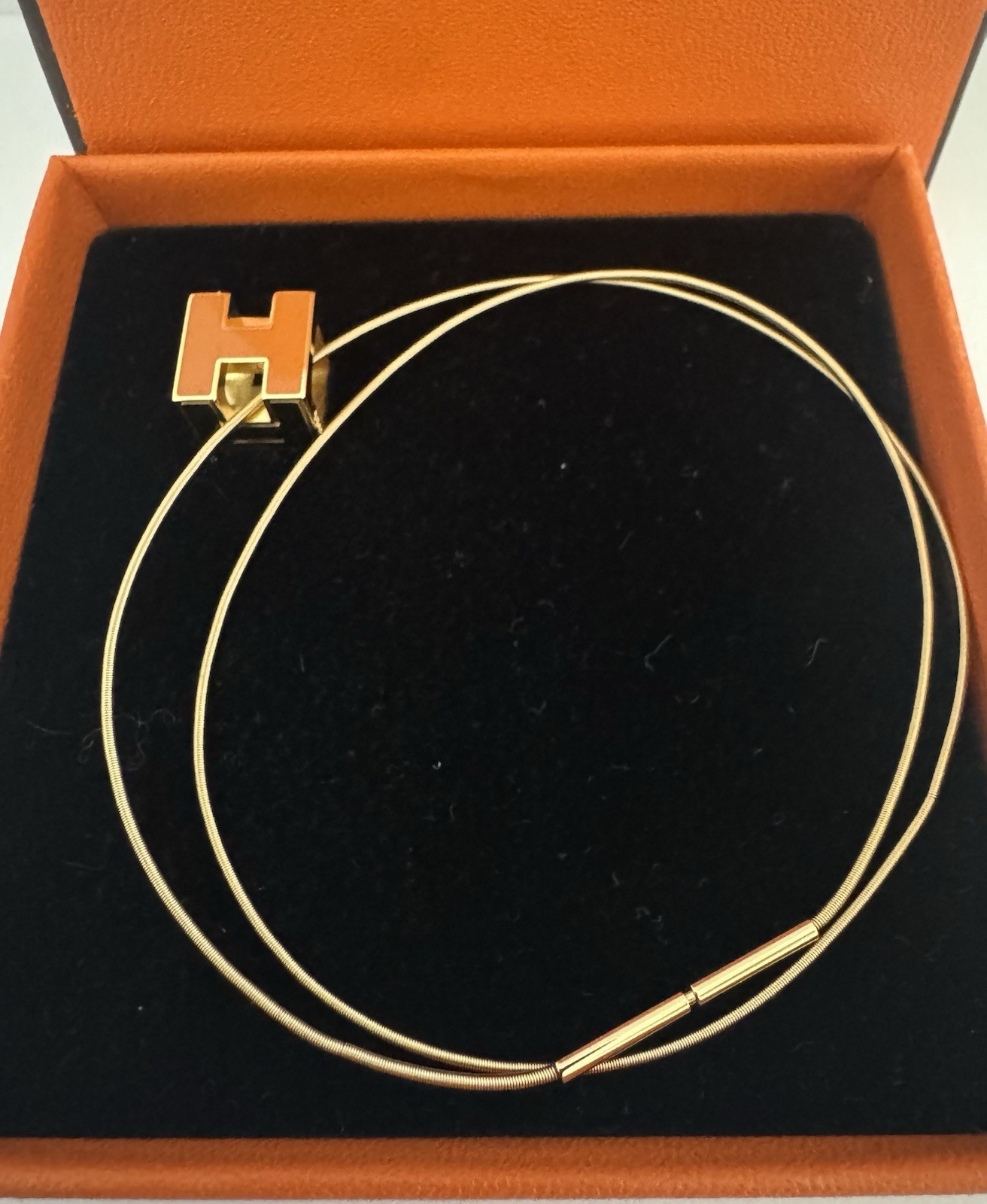 Estate Hermes Gold Tone Orange Enamel H Cube Necklace With Box