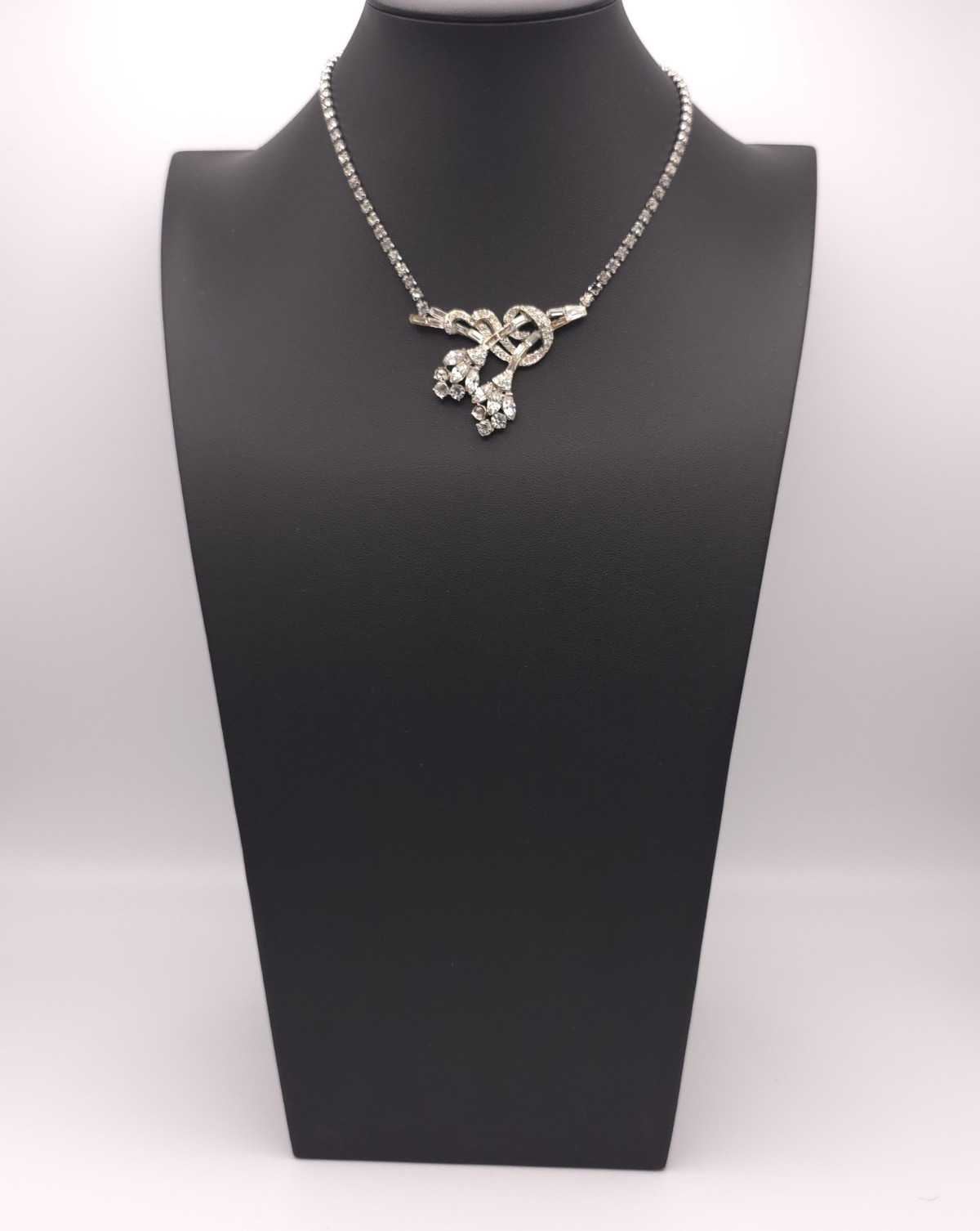 Vintage Silver Tone Rhinestone Bow Pendant Tennis Chain Necklace (Missing Stone)