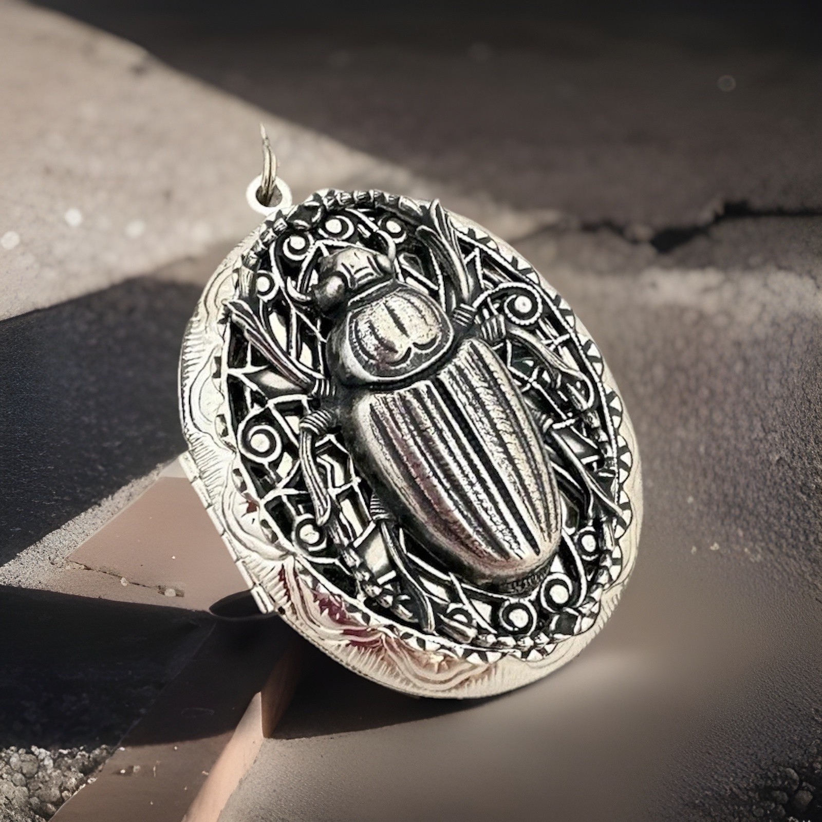 Scarab Beetle Locket Necklace, Memorial Ashes Photo Keepsake Art Nouveau Pendant