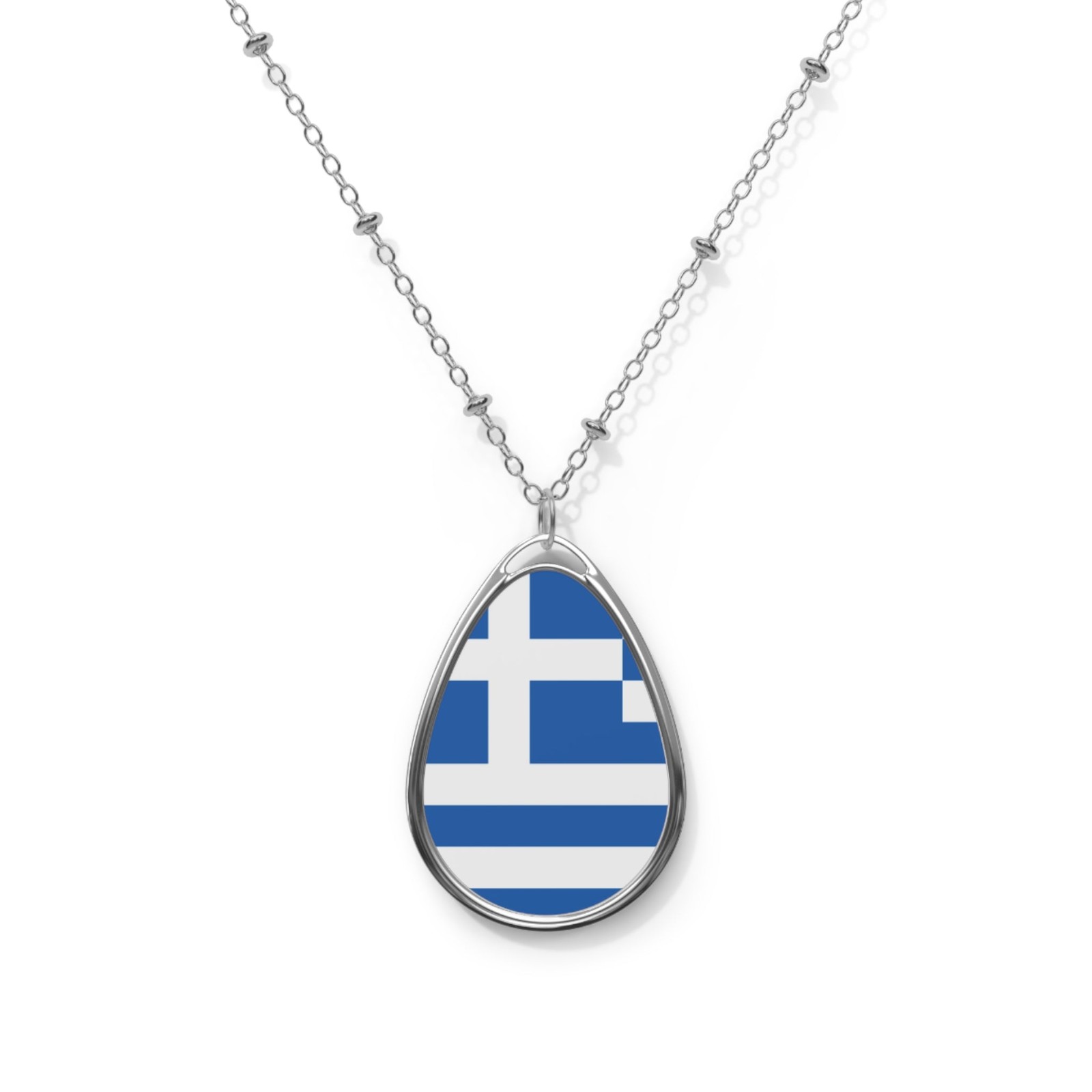 Greece Flag Oval Necklace – Greek Heritage Pendant – One Size / Silver