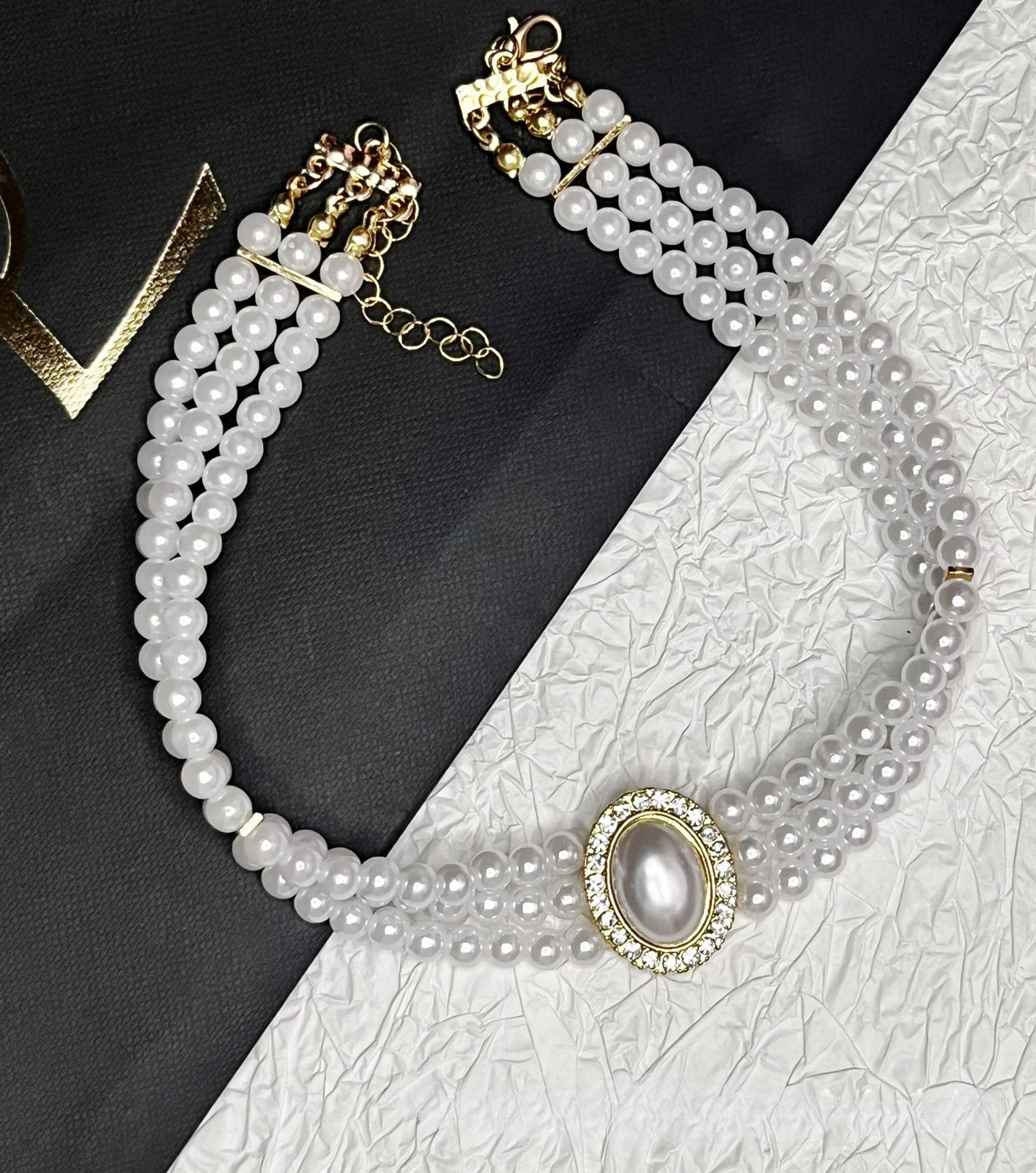 Multi Layer Pearl Necklace, Women’s Jewelry Set with Diamonds Imitation Pearl