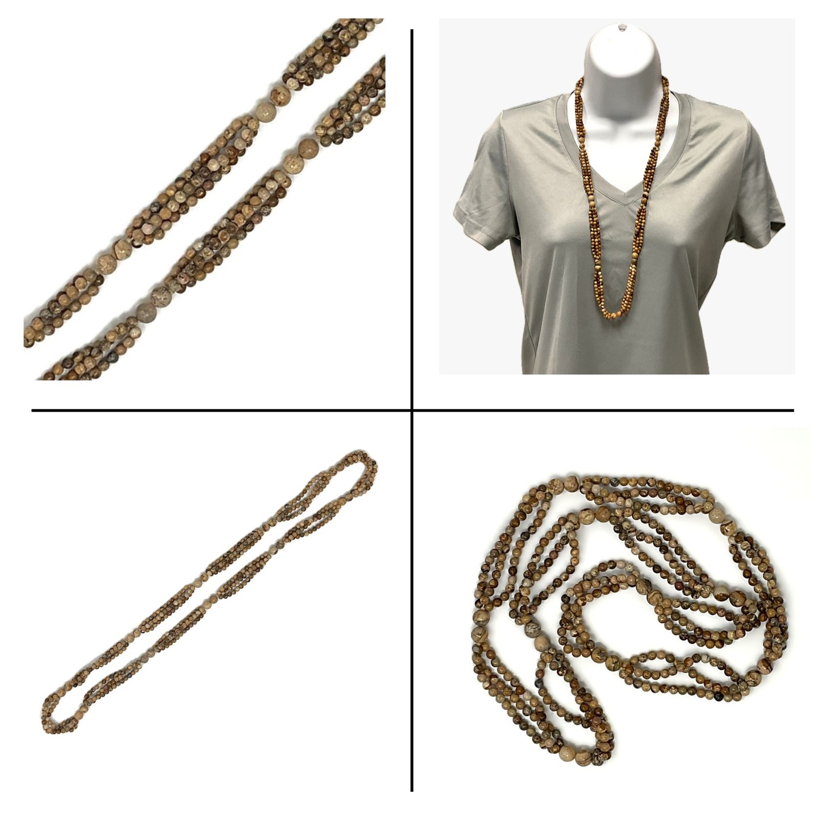 32″ Leopard Skin Jasper Necklace – 3 Strand – 5mm & 10mm Bead Pattern – Natural