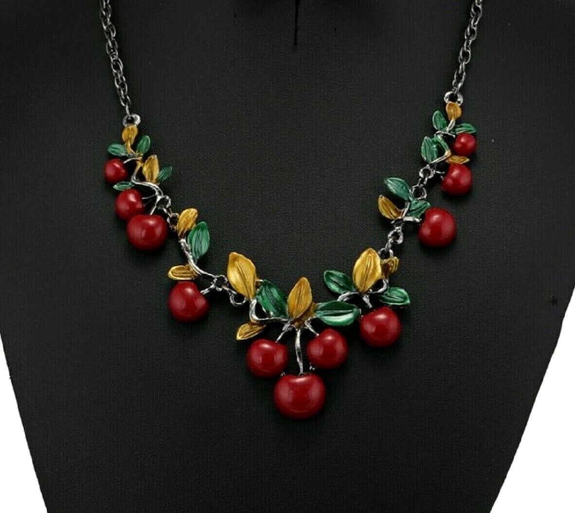 US Seller Cute Enamel Red Cherry Leafs Gun Black Chain Necklace