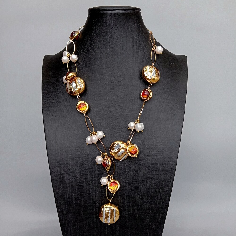 21″ Cultured White Biwa Pearl Brown Murano Glass Chain Pearl Y-Drop Necklace