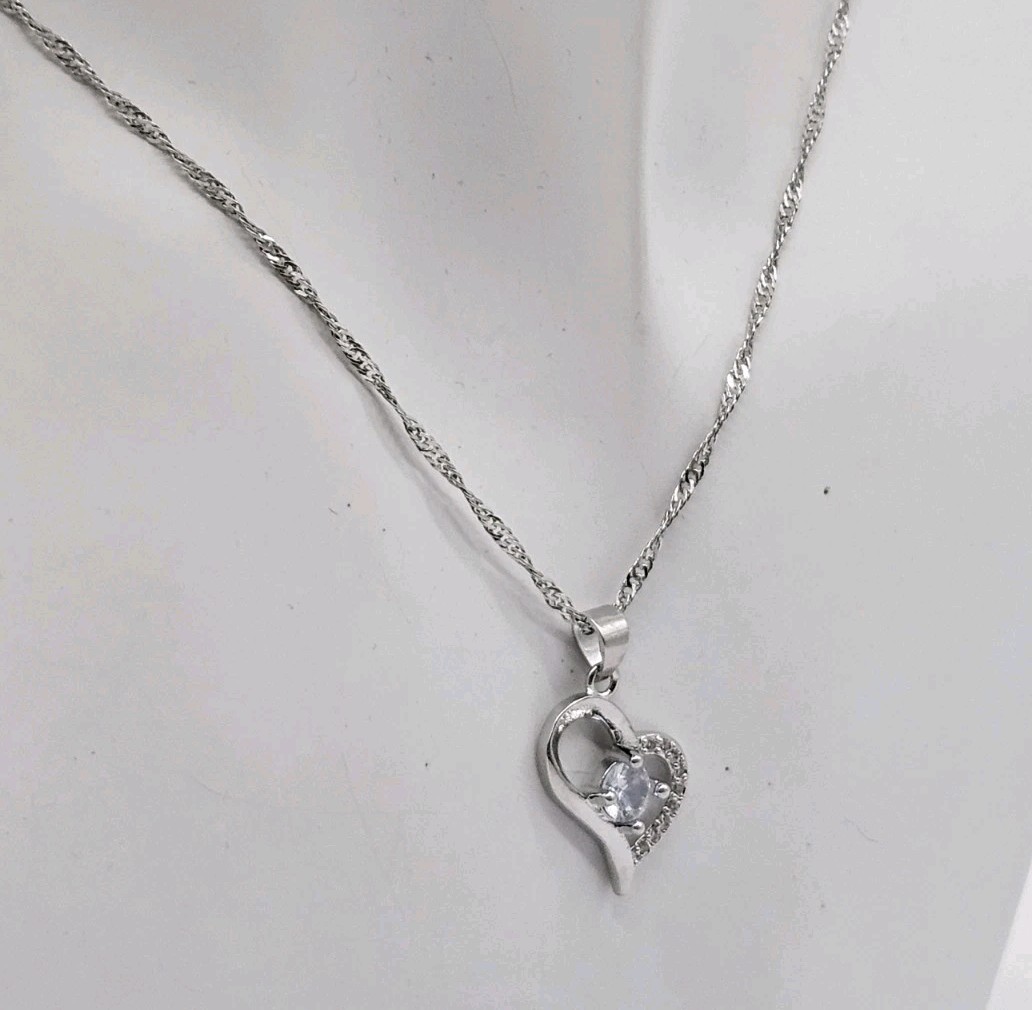 Silver Tone Crystal Heart Pendant Necklace Earrings – Womens Fashion Jewelry Set
