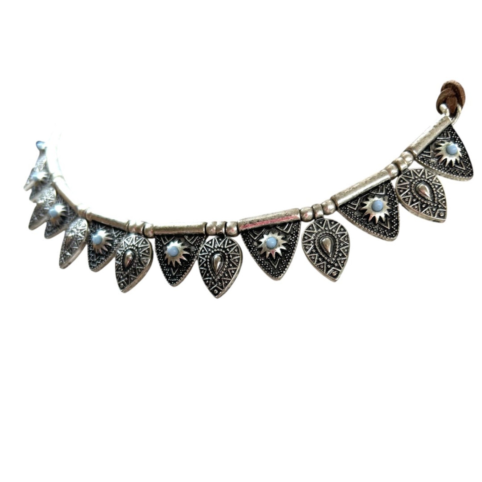 Cord and Metal Southwestern Style Necklace 15.5-18 Inch Silvertone Lobster Clasp