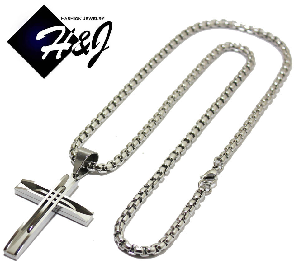 30″MEN’s Stainless Steel 5mm Silver Smooth Box Chain Necklace Cross Pendant*A