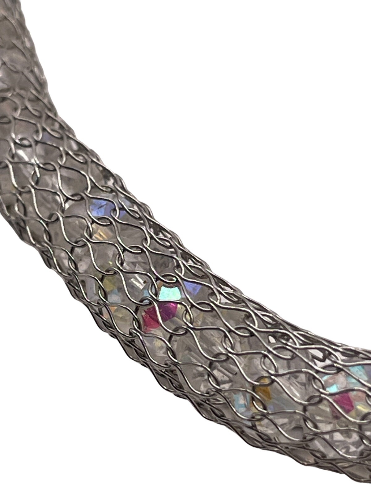 Stainless Steel China Mesh Net Aurora Borealis Bead Silver Tone Necklace Modern