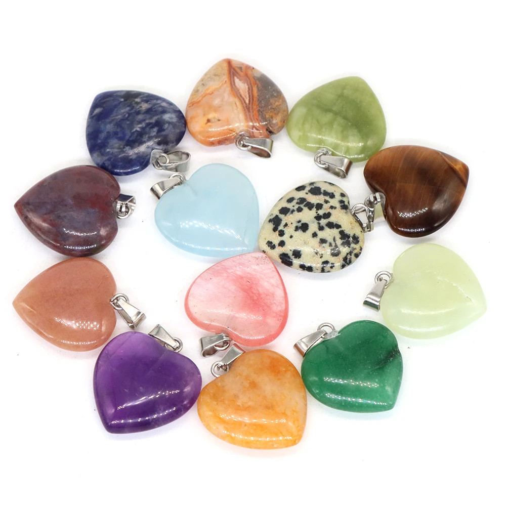 20mm Natural Stone Mix Heart Shape Charms Pendants For Jewelry Making Women
