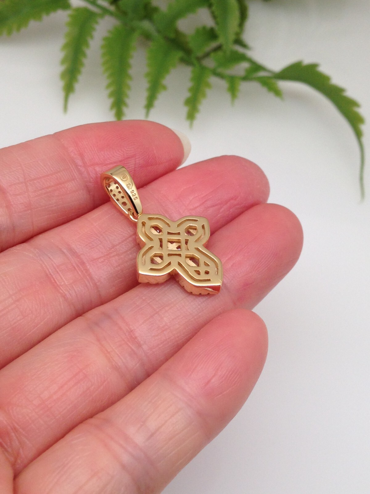 925 Sterling Silver Clover Cross Baguette CZ Gold Pendant Women 17mm0.67″/28mm