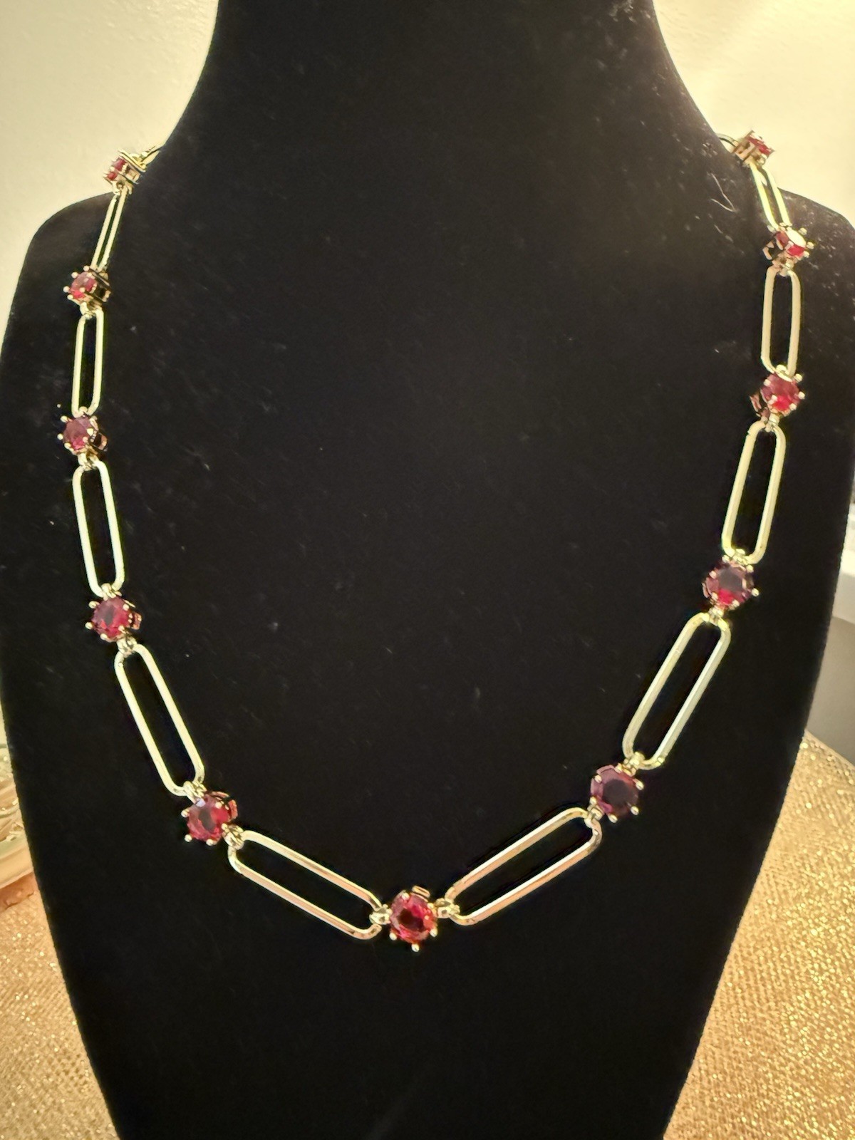 Red Austrian Crystal Paperclip Chain Necklace 18-20 Inches In Goldtone.