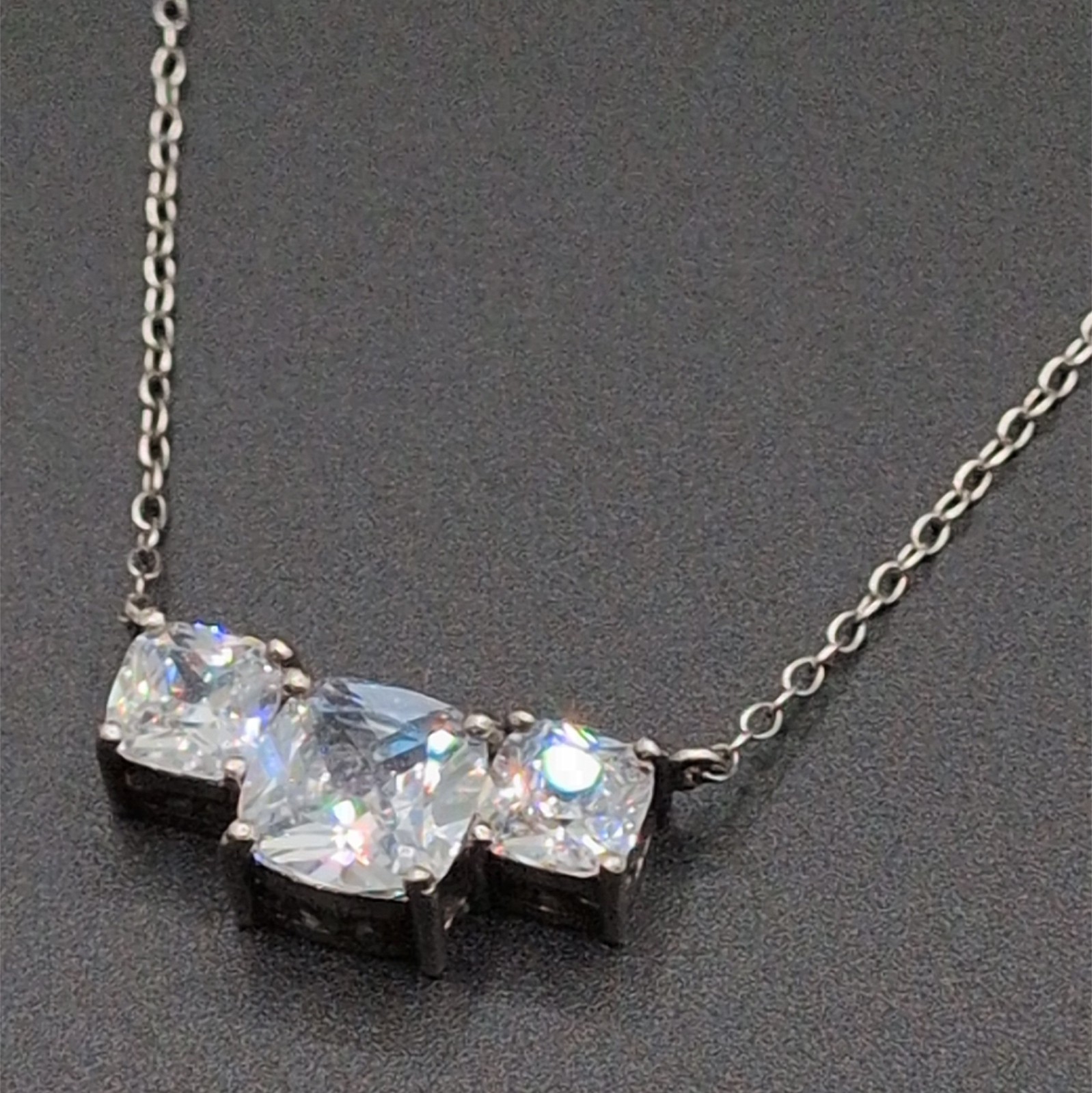 Necklace Three Triple Cushion Cut Clear Colorless Rhinestones 18.25″ 925 Silver