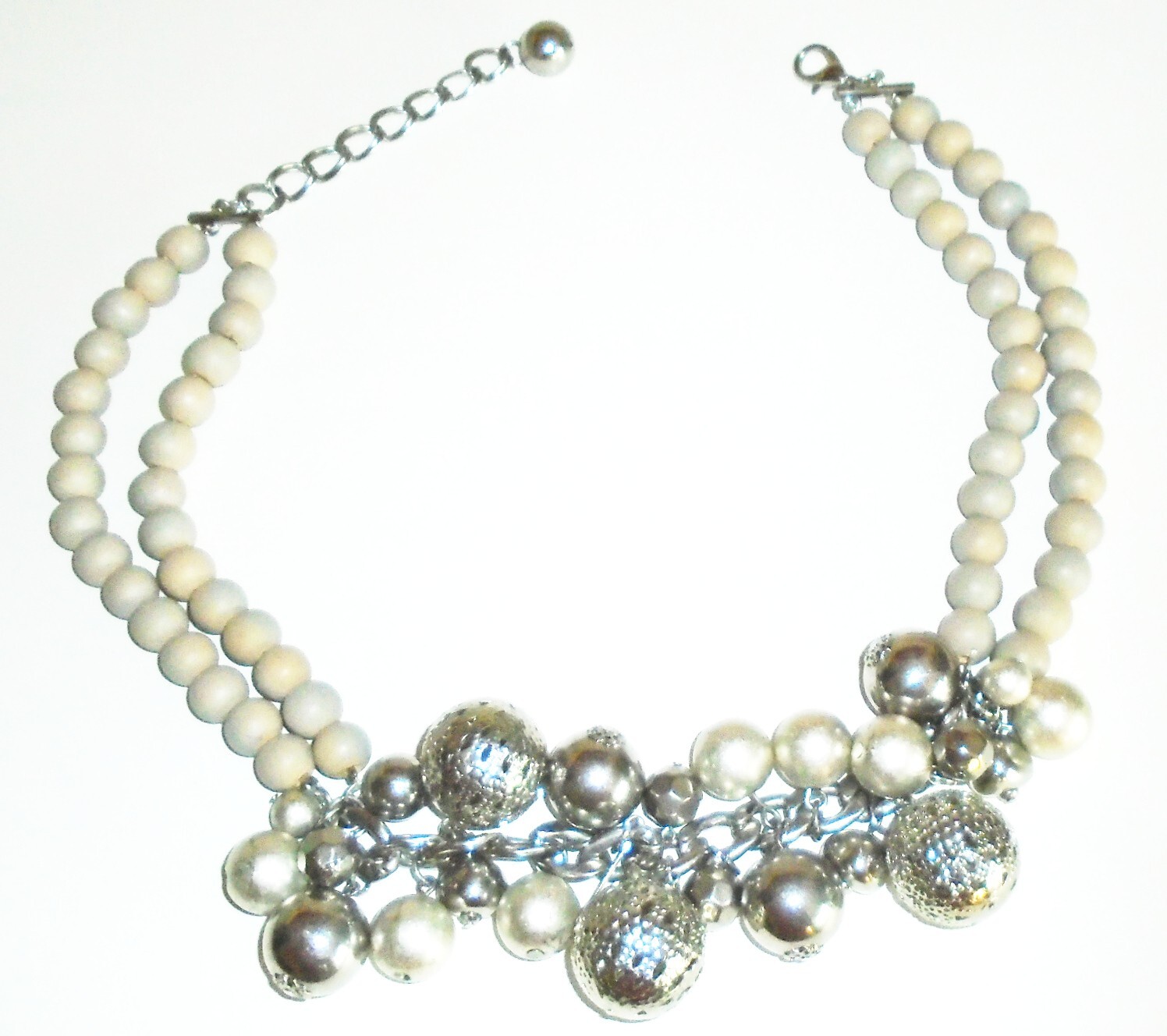 Jaeger Tassel Double Row Necklace cream beads silver beads & silver chain vgc