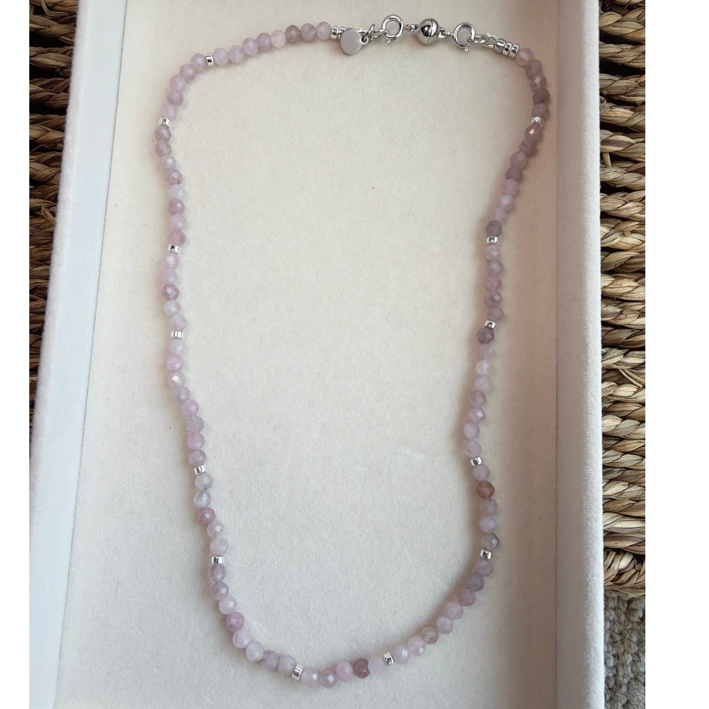 17.5″ Natural Madagascar Rose Quartz Necklace, Magnetic Clasp, Silver & Pink