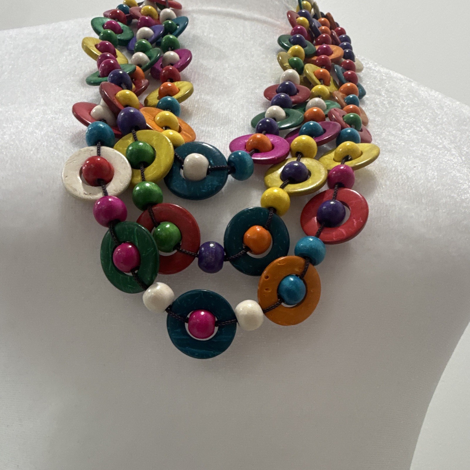 Multicolor Wood Beaded Statement Necklace Donut Pendant Cord Adjustable Slip