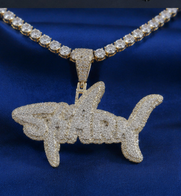 8Ct Moissanite Custom Name Shark Men’s Hip Hop Pendant 14K Yellow Gold Plated