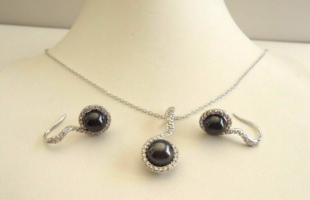 925 STERLING SILVER BLACK PEARL PENDANT & EARRING SET W/ ACCENTS/18”CHAIN