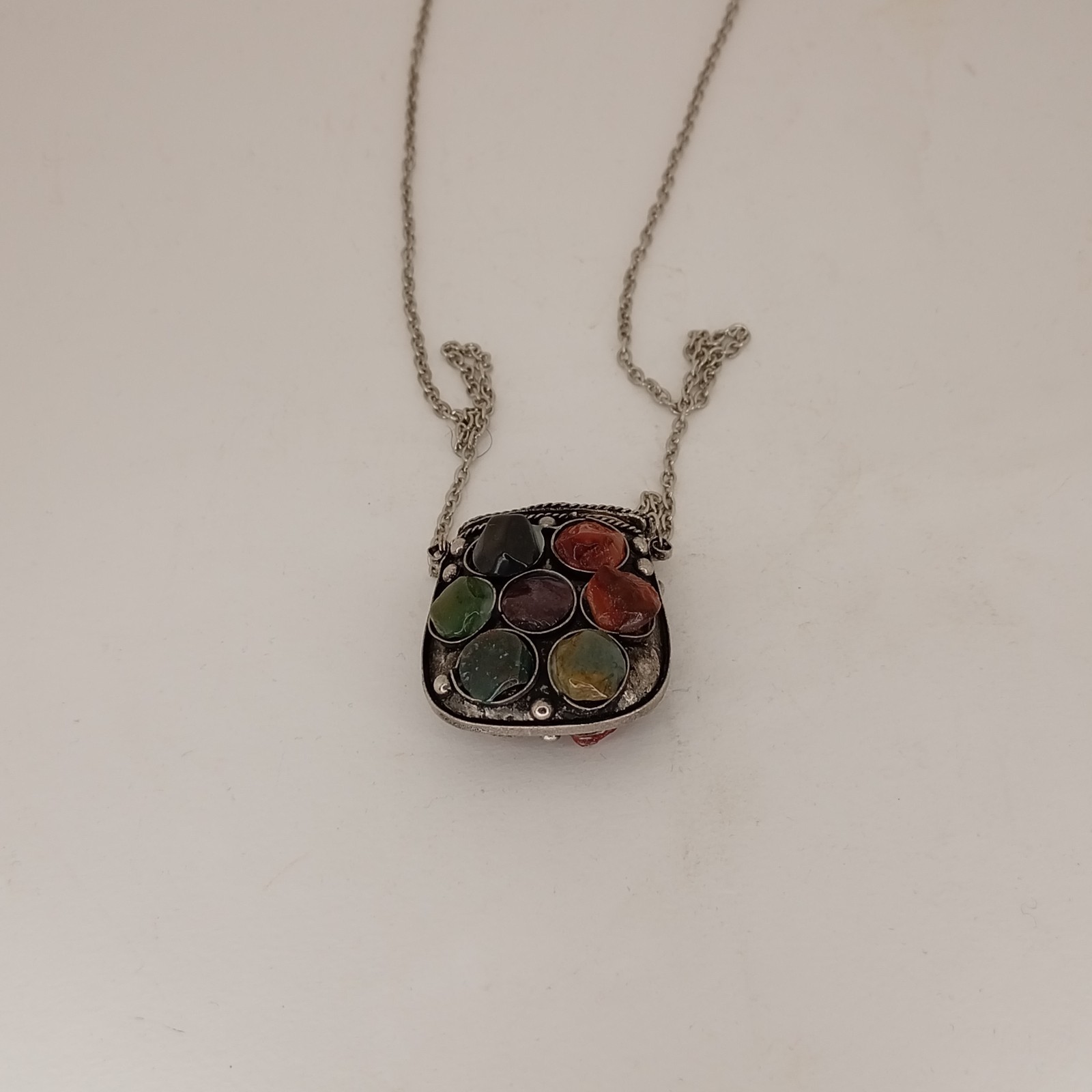 India 45MM Gemstone Antique Silver Brass Poison Locket Purse Pendant Necklace