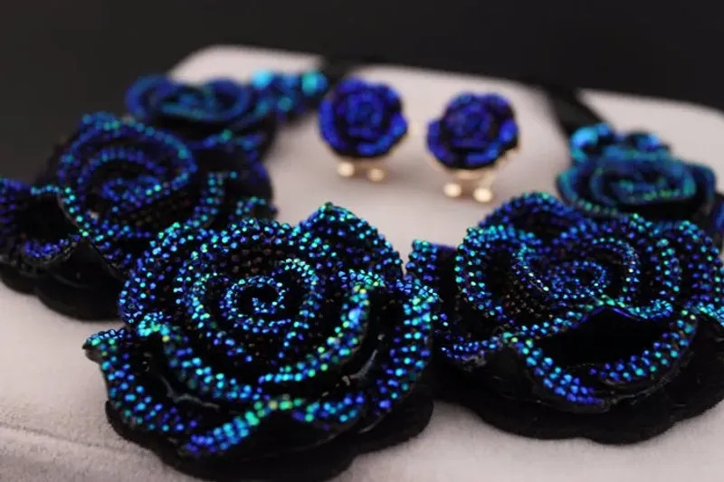 Blue Resin Flower Necklace Earrings Set Women Chunky Statement Jewelry New Gift