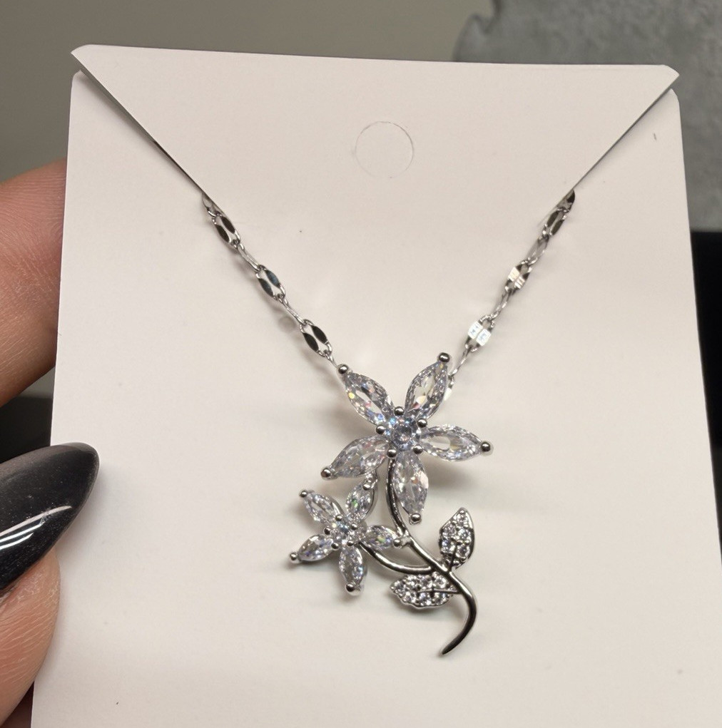 White Gold Plated Pavé Clear Crystal Flower Pendant Chain Necklace