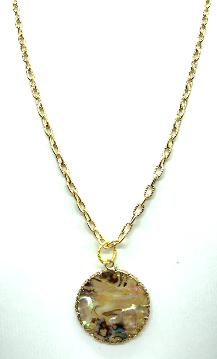 Necklace Gold Tone 28 mm Round Earth Tone Abalone on 24″ Gold Stamped Chain