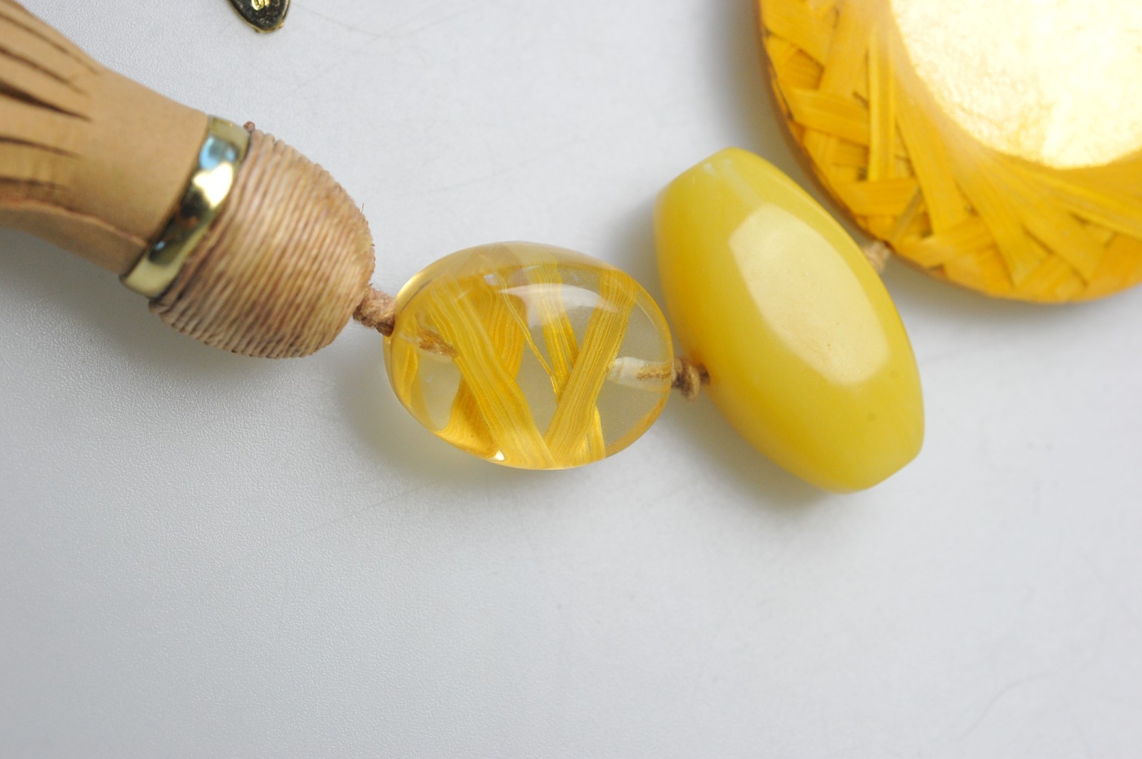 Chico’s necklace faux leather chunky tassel boho long costume yellow straw B
