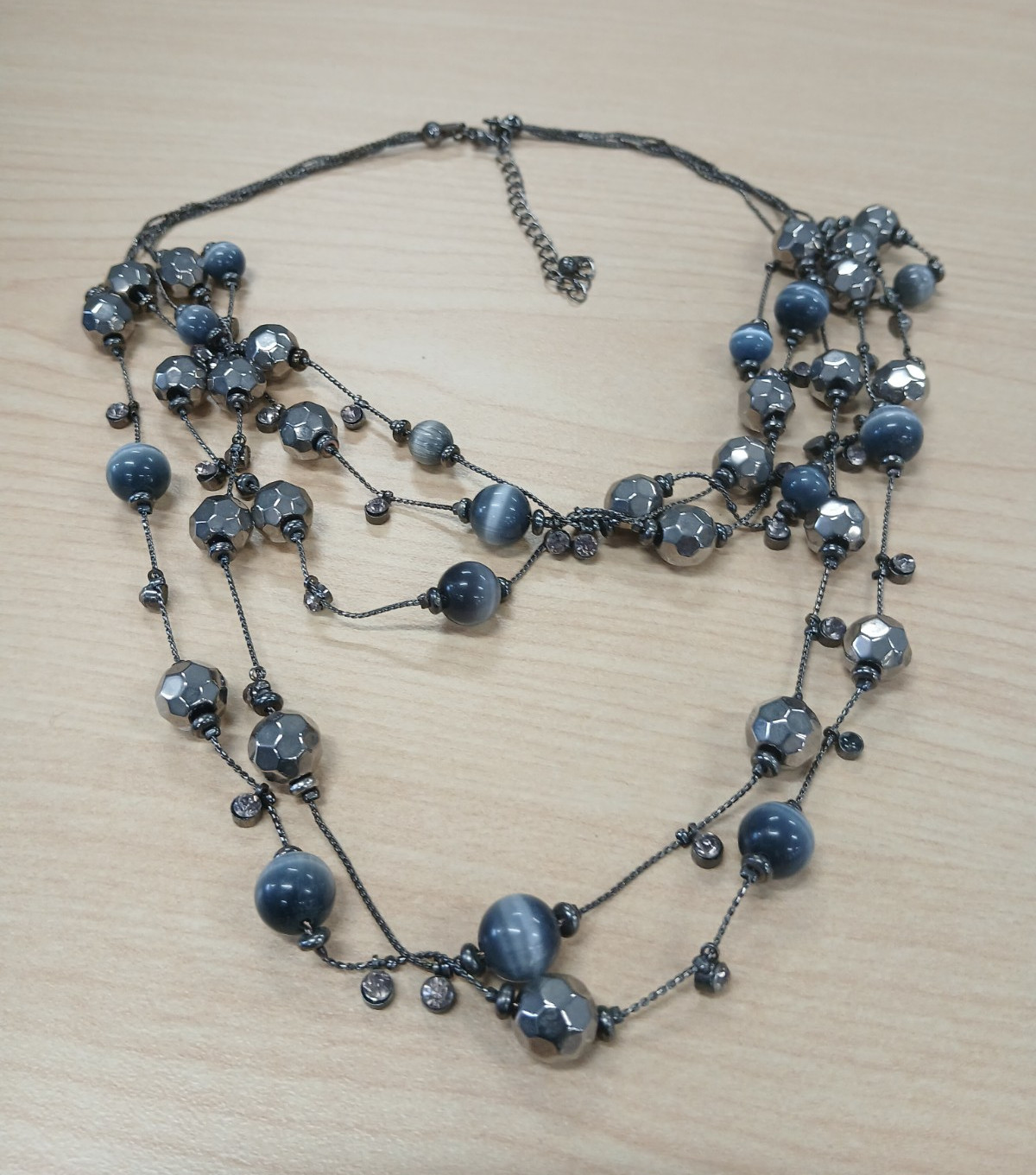 Blue Glass Round Bead Multi-Strand Statement Necklace Crystal Silver Lobster