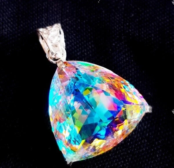 Natural TRILLION Mystic Topaz 80.55 Ct Solid Silver Rainbow Pendant Gemstone