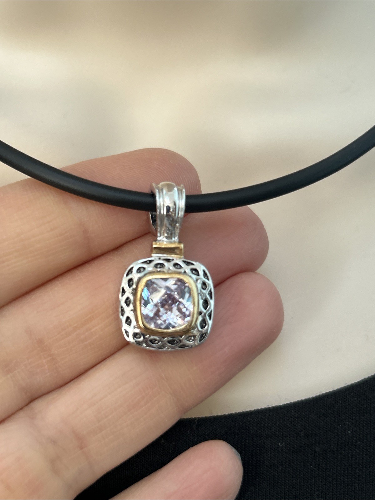 Gold And Silver Tone Square Pink Lab Diamond Pendant Necklace On Black Cord 16”
