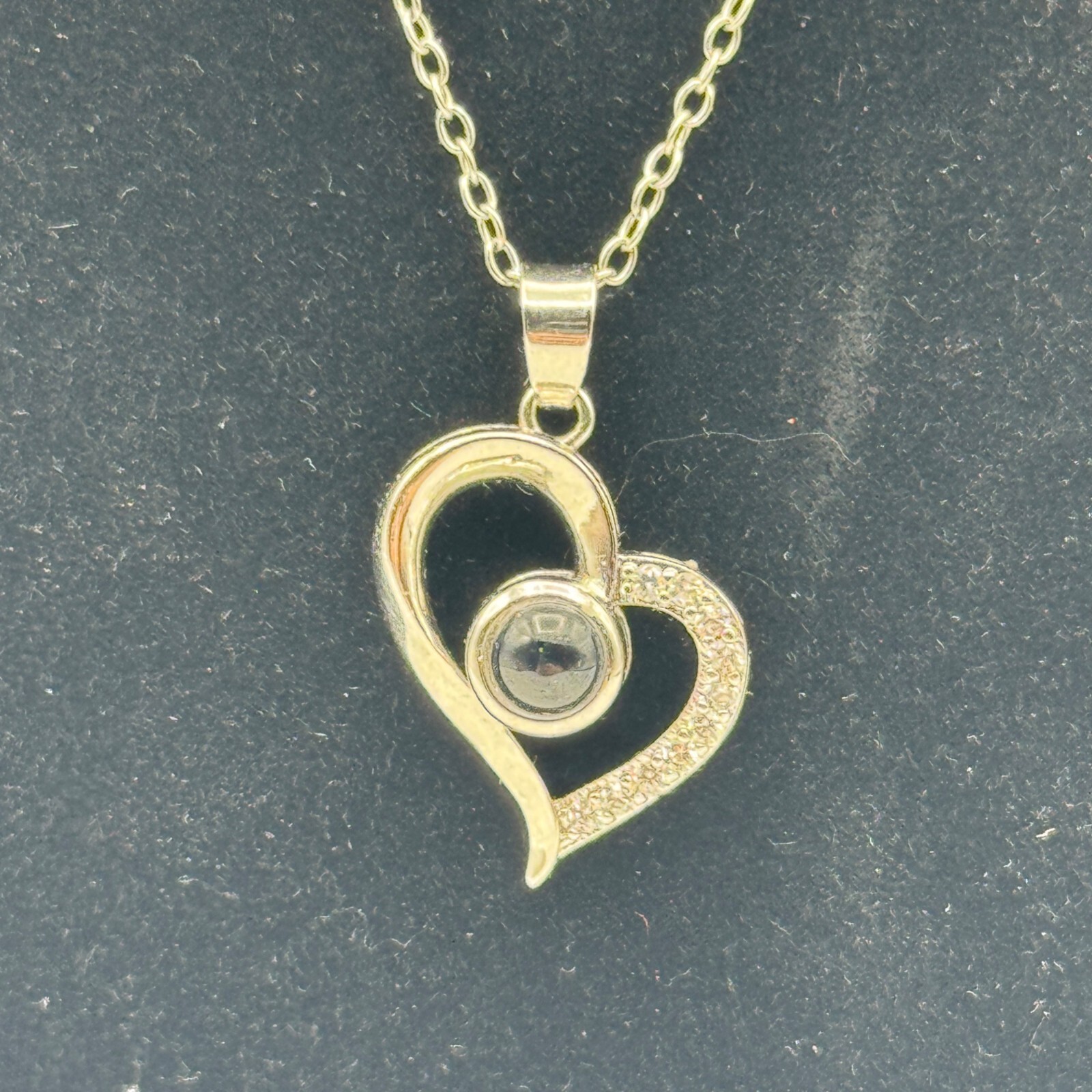 Silver Hollow Heart Photo Projection Necklace with I Love You in 100 Languages