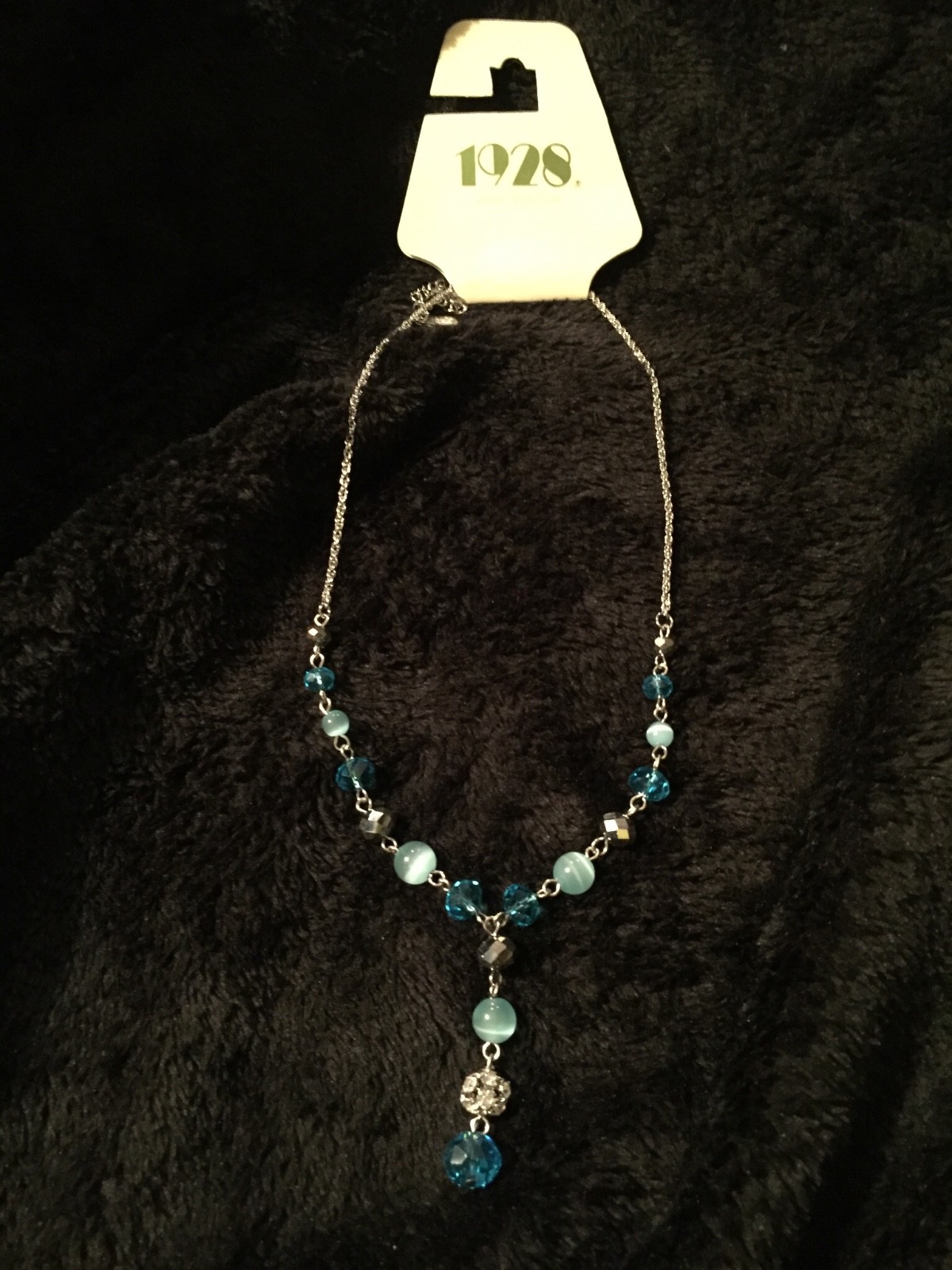 1928 Spring Faux Cat’s Eye Blue Dangle 16 inch adjustable Silvertone Chain