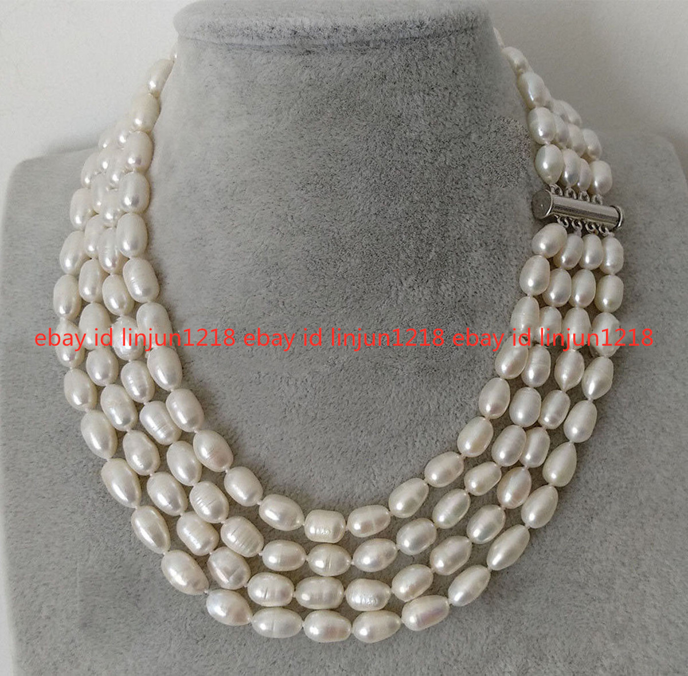 4 Rows 7-8mm White Rice Baroque Freshwater Cultured Real Pearl Necklace 17-20”