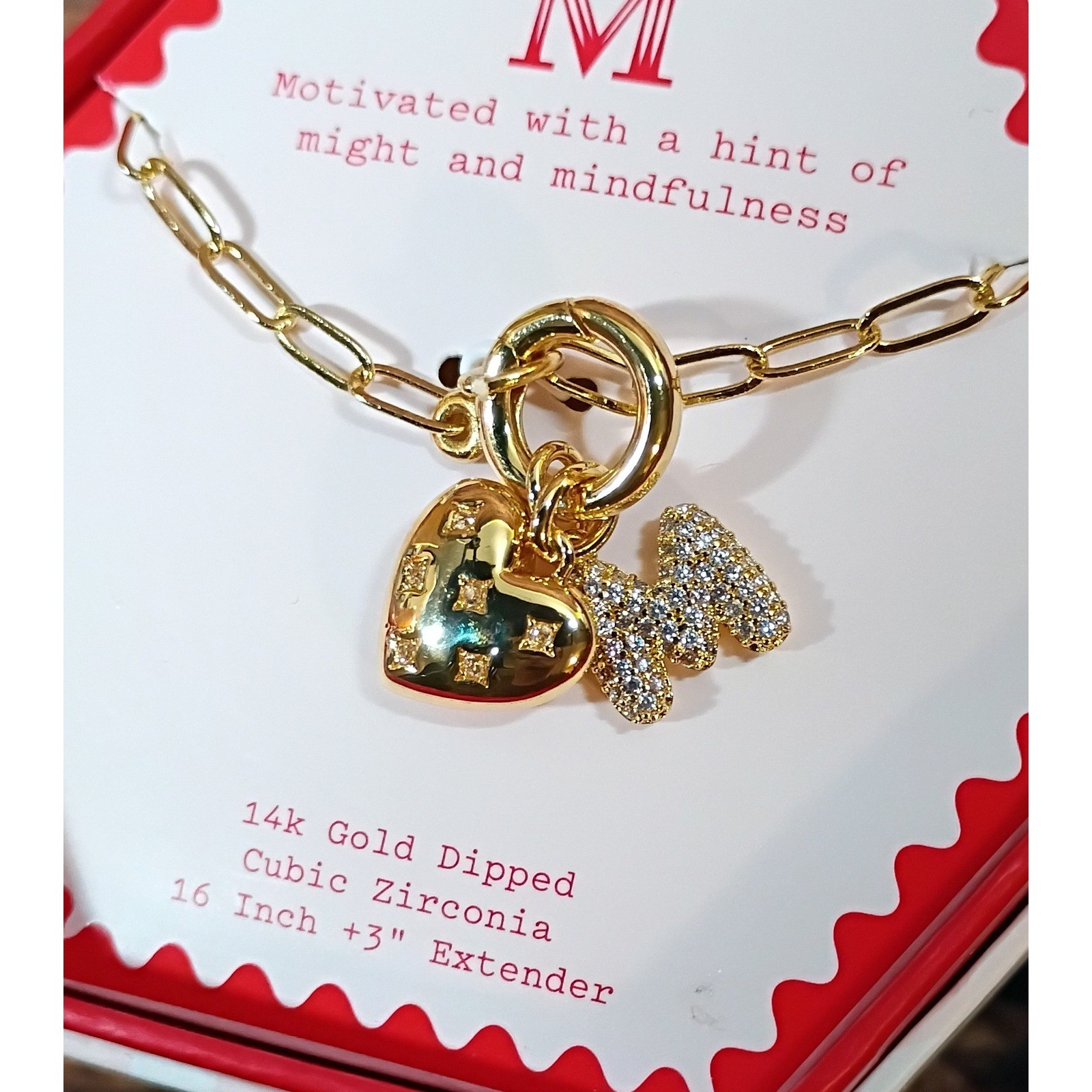 A New Day 14k Gold Dipped Initial M Heart Necklace Cubic Zirconia NIB 16-19in