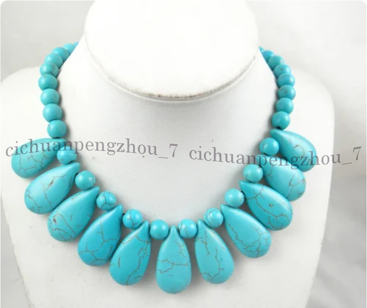 Natural Blue Turquoise 10mm Round 15x28mm Teardrop Gemstone Beads Necklace 18”