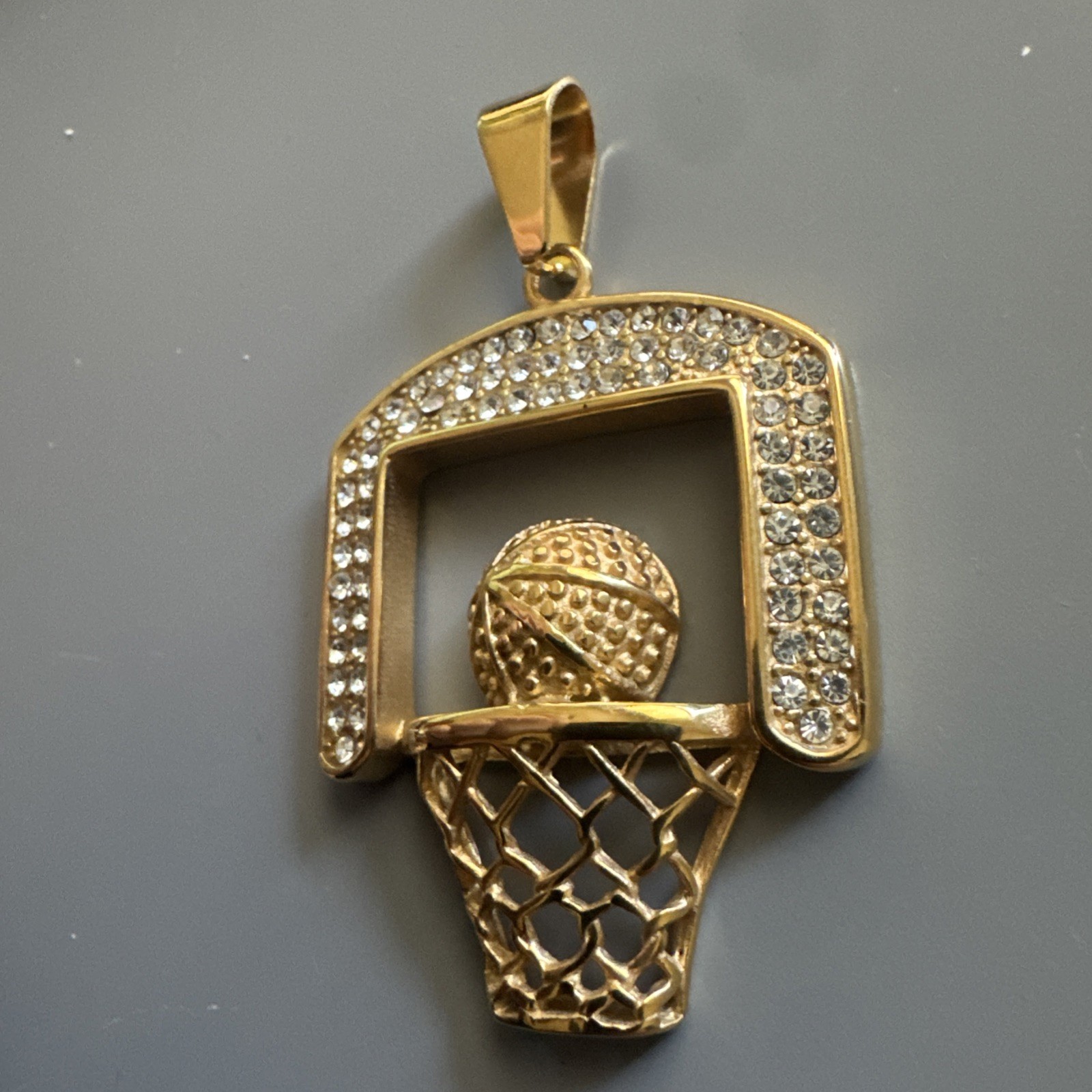 Basketball Hoop Stainless Steel Pendant 24 Inch Chain Trophy Cubic Zirconia Gold