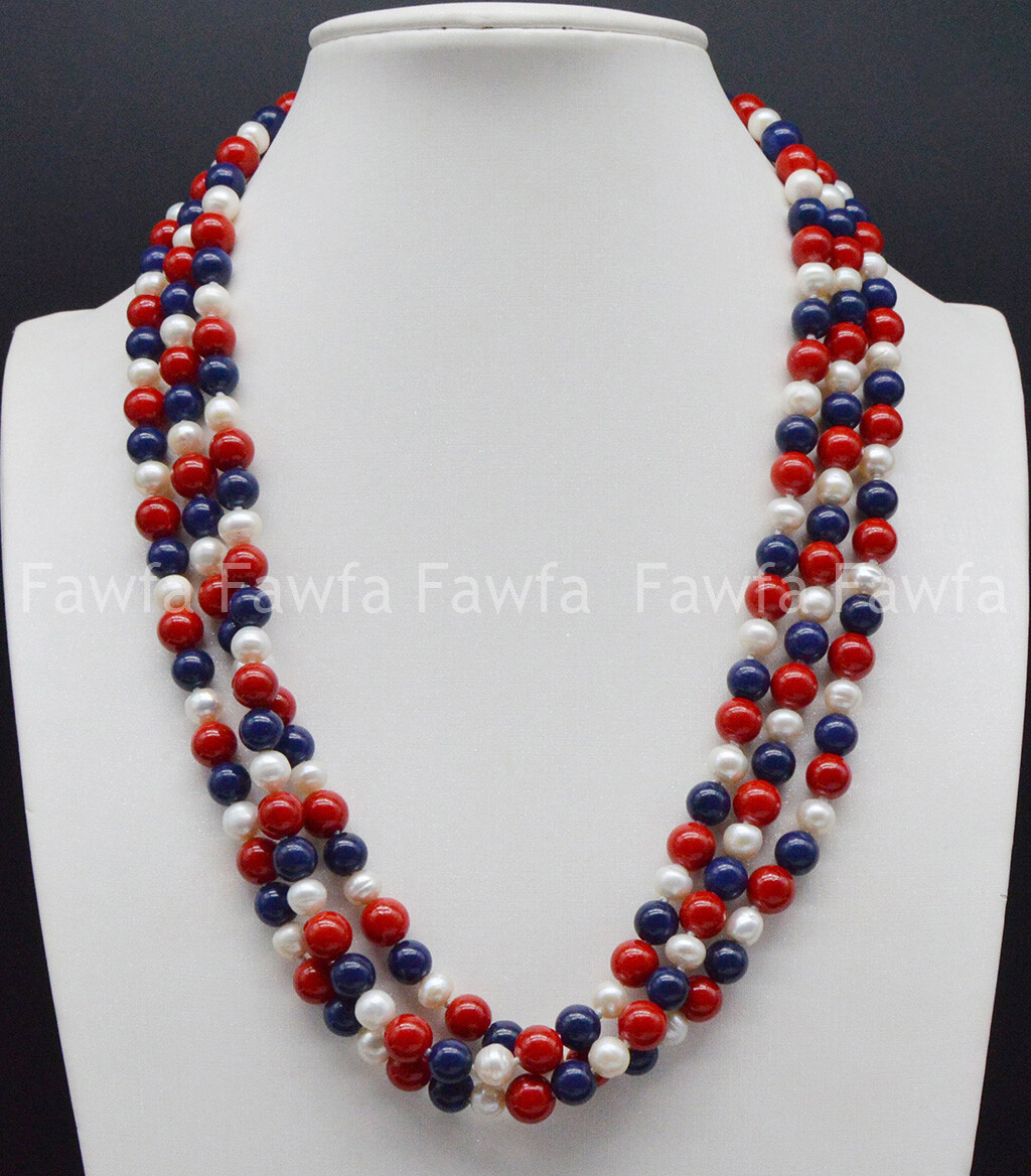 6-7mm White Pearl 8mm Red Coral Blue Lapis lazuli Round Beads Necklace 16-100”