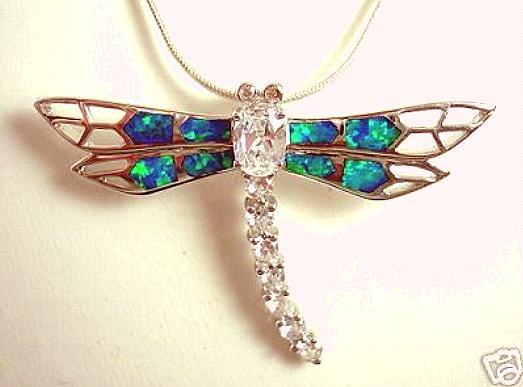 47mm Rhodium Solid 925 Sterling Silver Inlaid Opal Hawaiian Dragonfly CZ Pendant