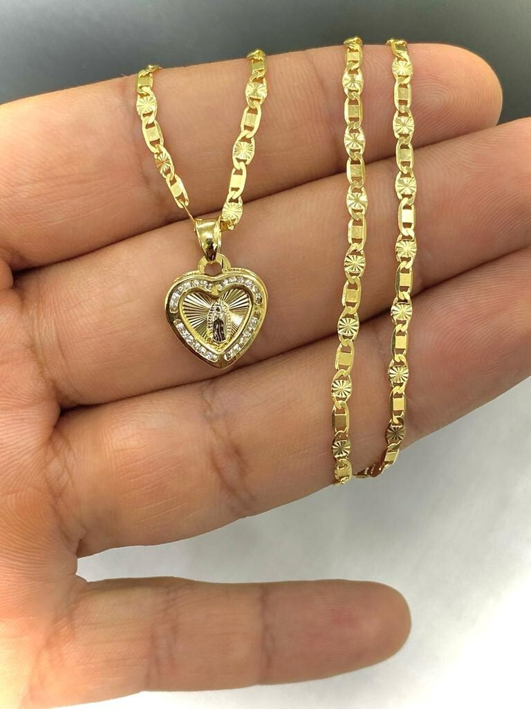 Heart CZ Virgen de Guadalupe Necklace Valentino Chain for Womens Gold F 15x13mm