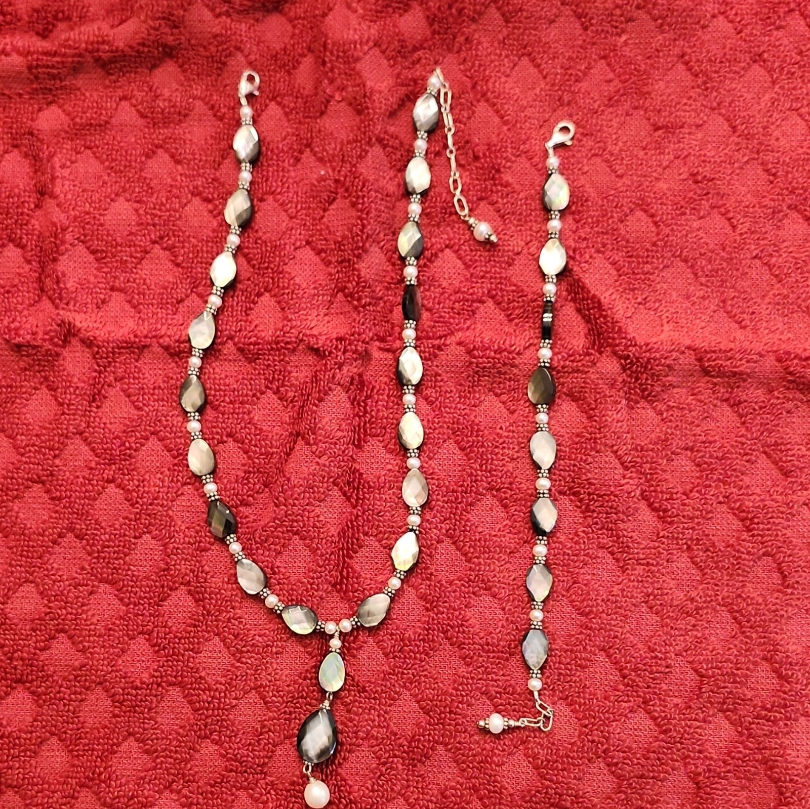 925 Sterling/Gray/White Faux Pearl Teardrop Drop Pendant 16in and bracelet set