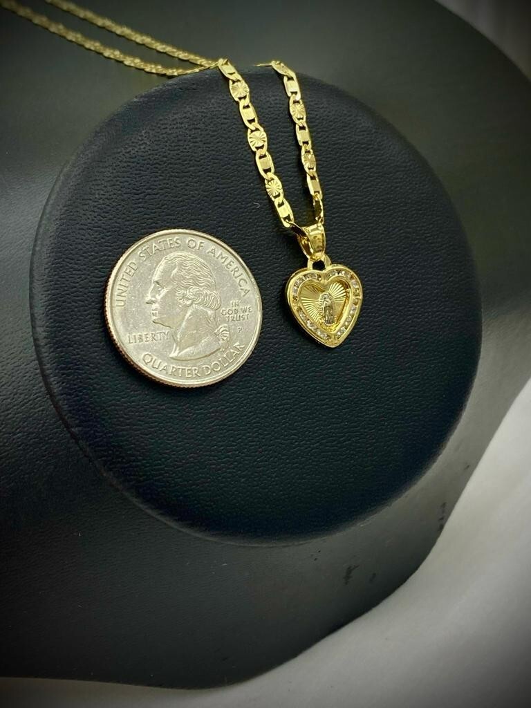 Heart CZ Virgen de Guadalupe Necklace Valentino Chain for Womens Gold F 15x13mm