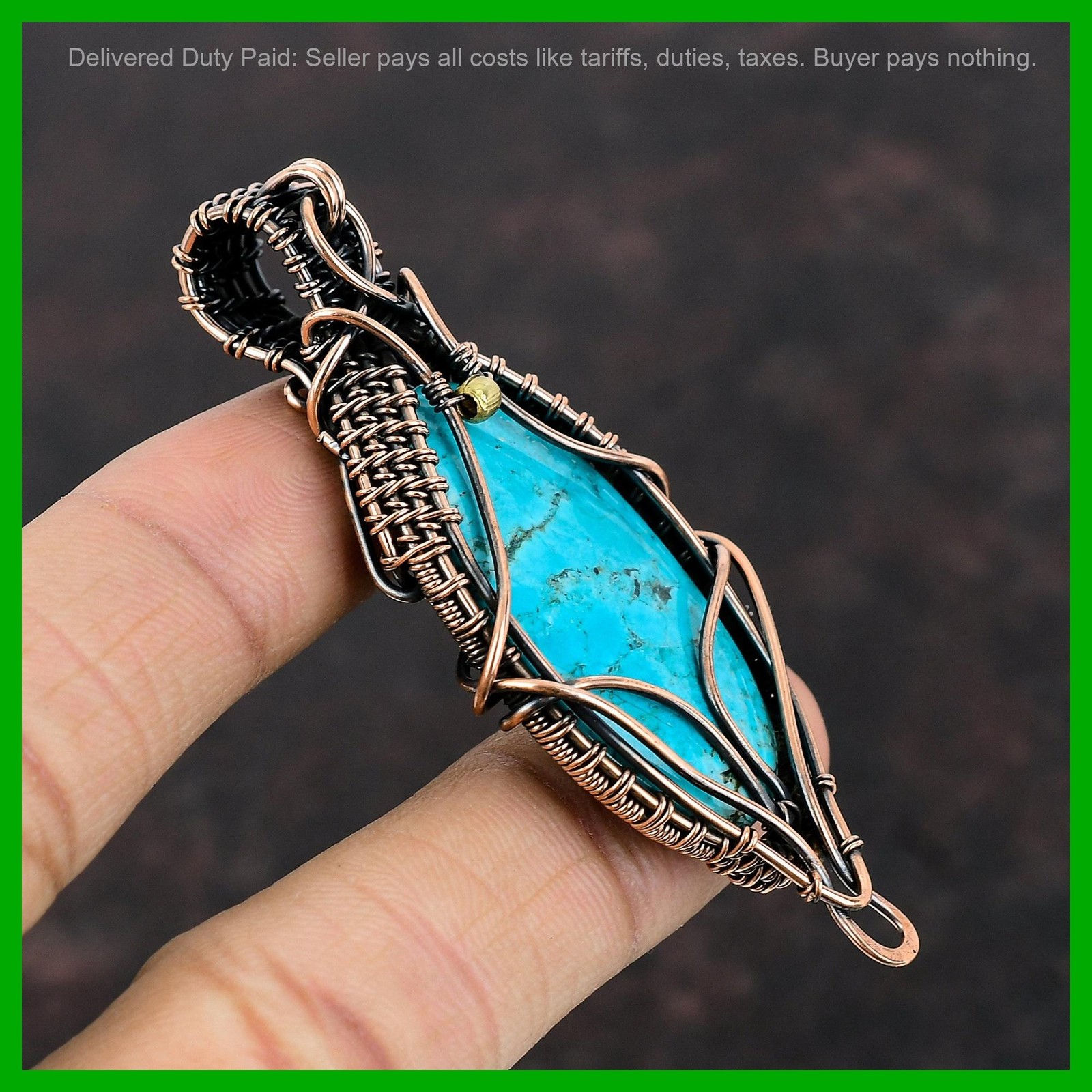 Copper Tibetan Turquoise Stone Handcrafted Sister Wire Wrapped Pendant Jewelry