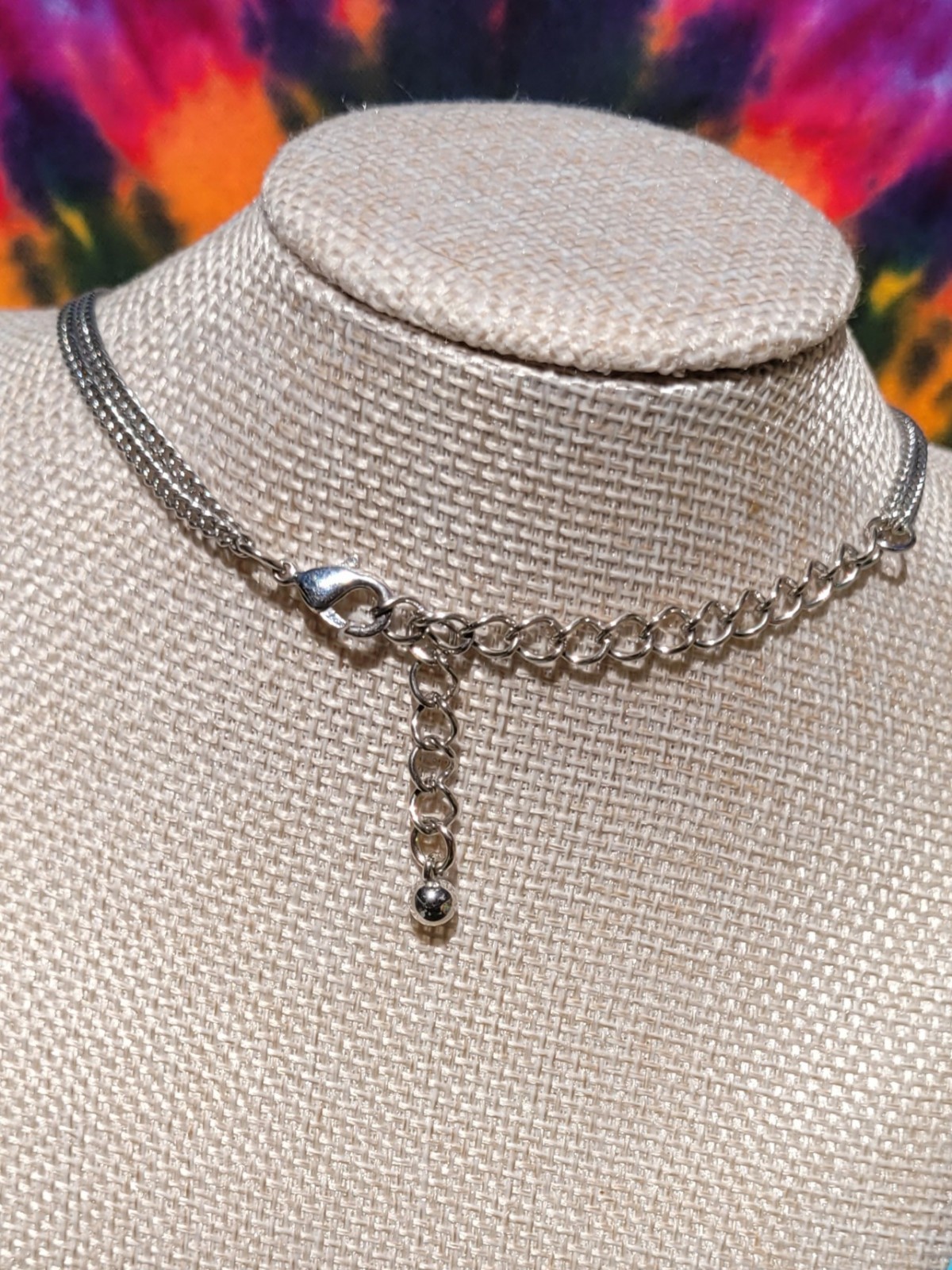 Silver Tone Metal Flower Pendant Tassel Necklace, Black Round Stones, Adjustable